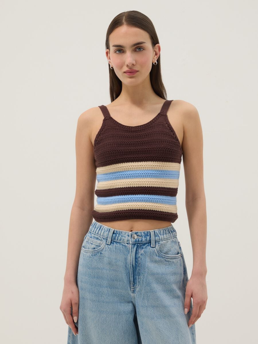 Top fitted in puro cotone a righe multicolor con lavorazione a maglia_2