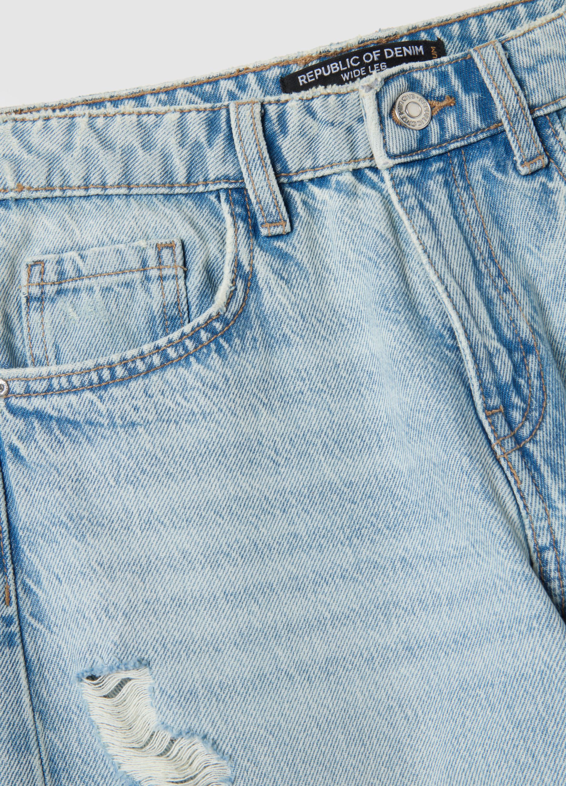 Blue wide leg pure cotton jeans with rips