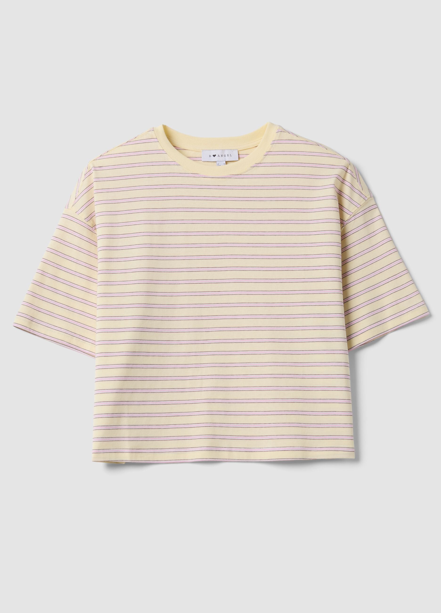 Yellow T-shirt with pink stripes in pure cotton, boxy fit