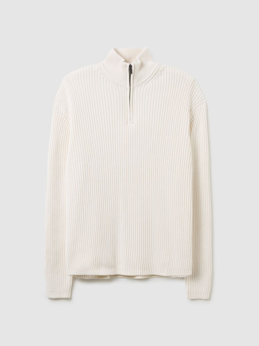 White Ribbed Knit Half-Zip_0