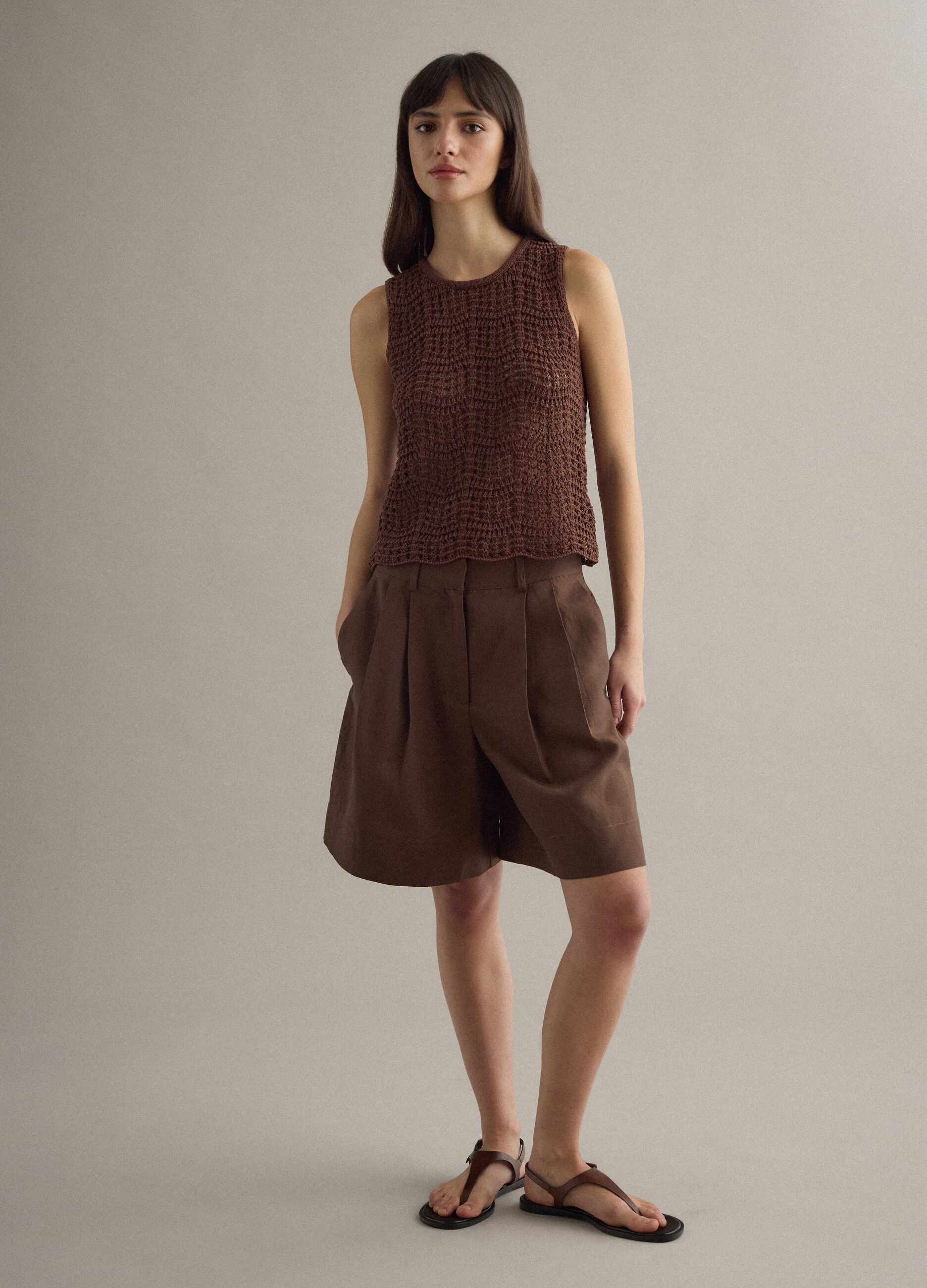 Brown regular fit cotton blend tank top with mesh texture