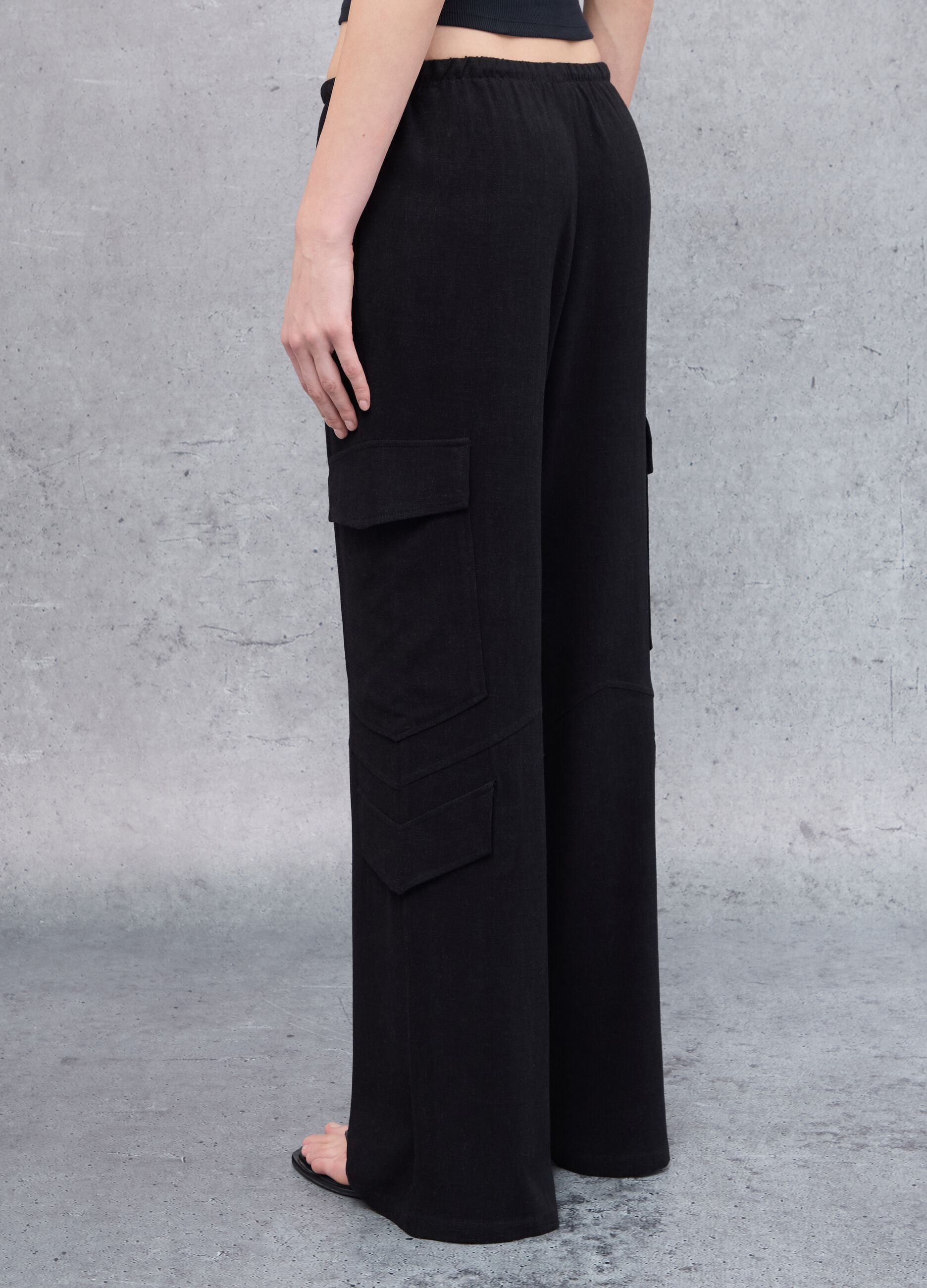 Black Linen Wide-Leg Cargo Trousers