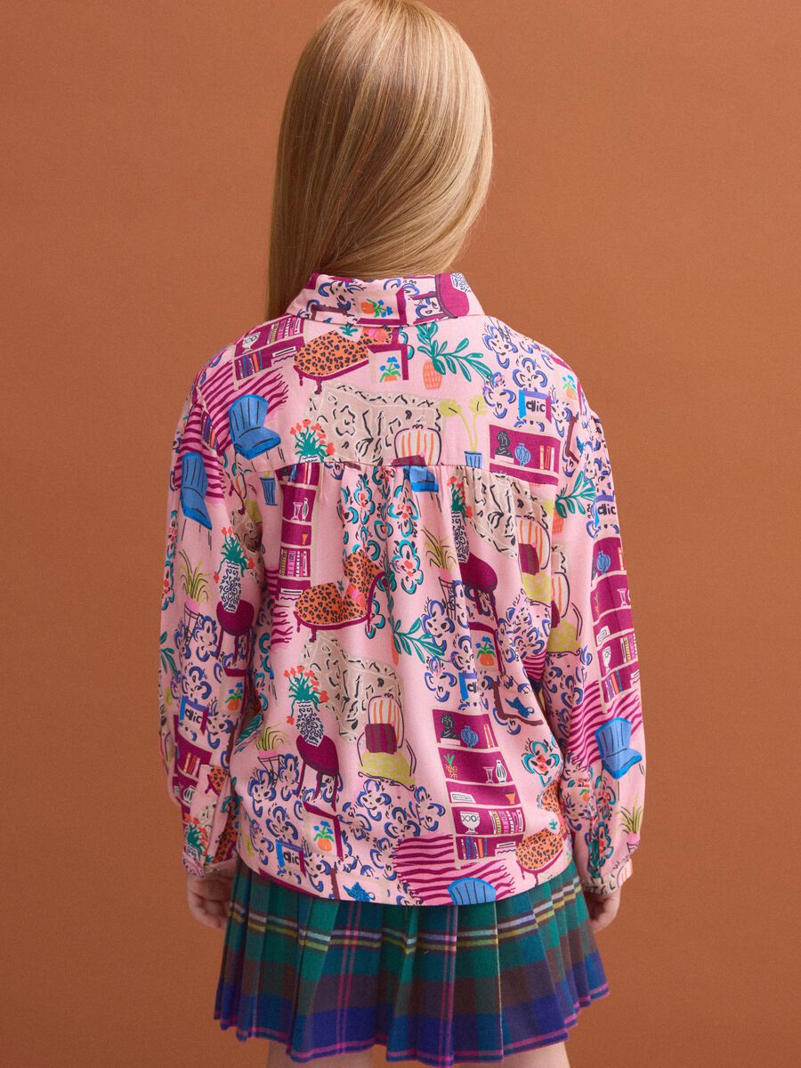 Pink pure viscose patterned shirt with classic collar for girls_2