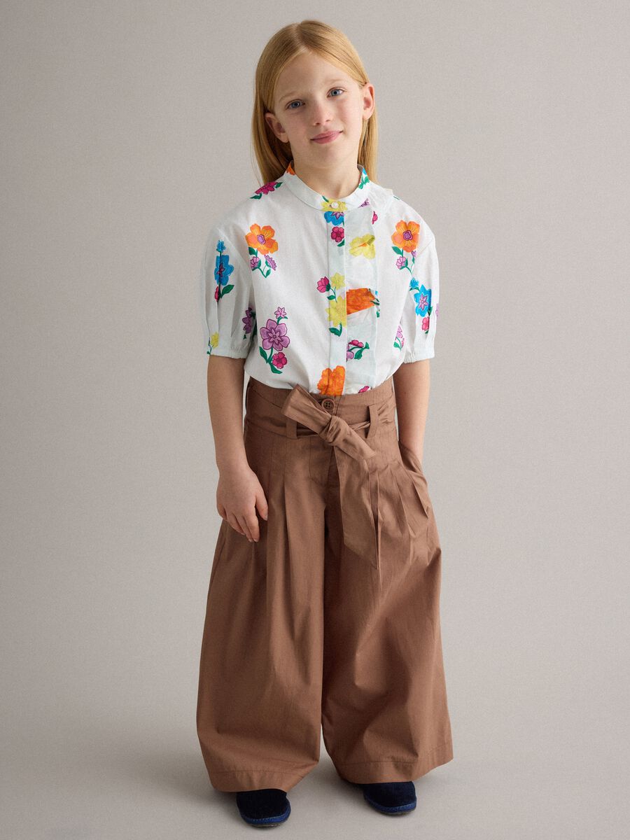 Girls' Brown Pure Cotton Wide Leg Trousers with Bow_0