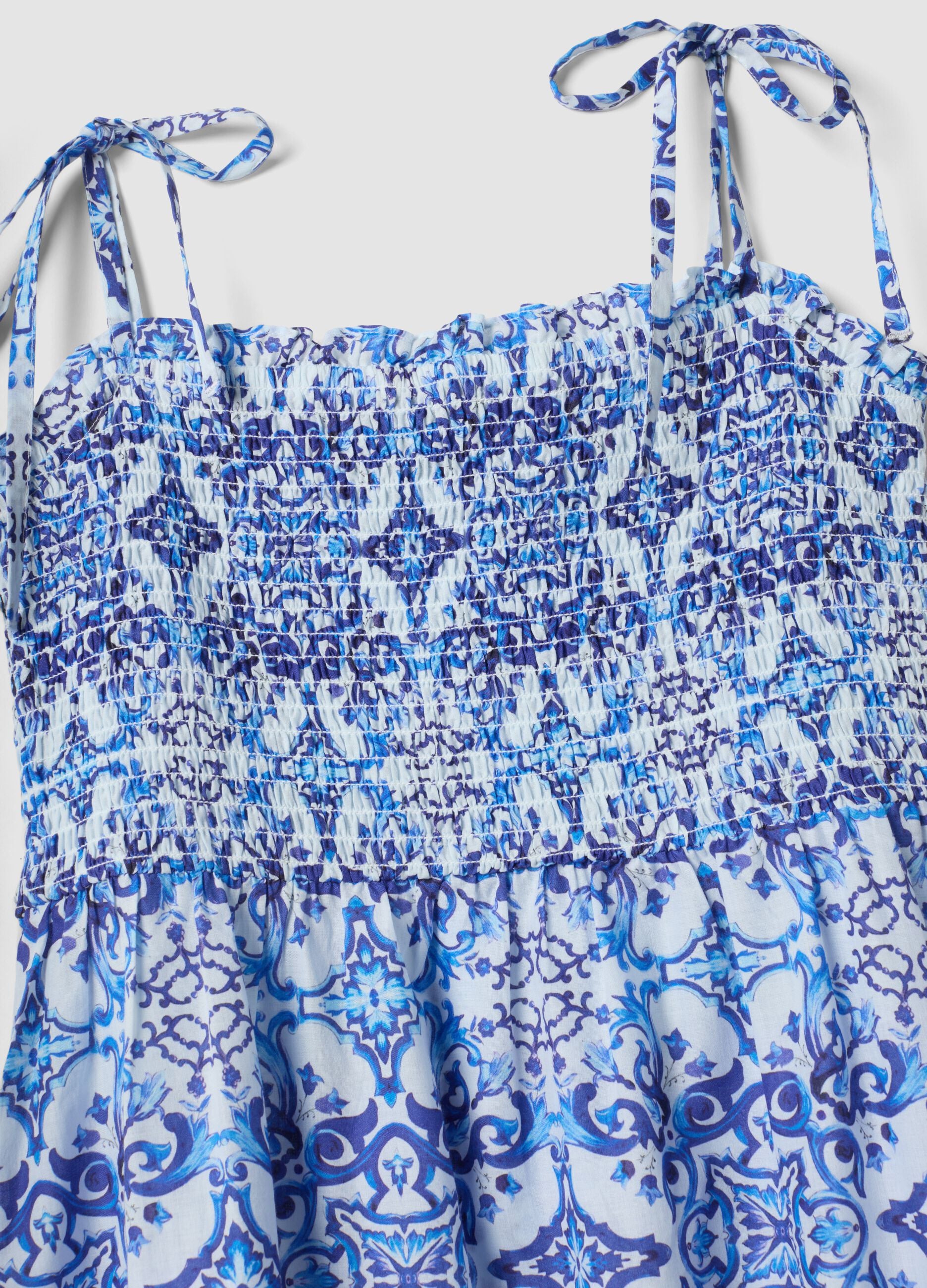 Blue maxi dress in pure cotton with tie straps