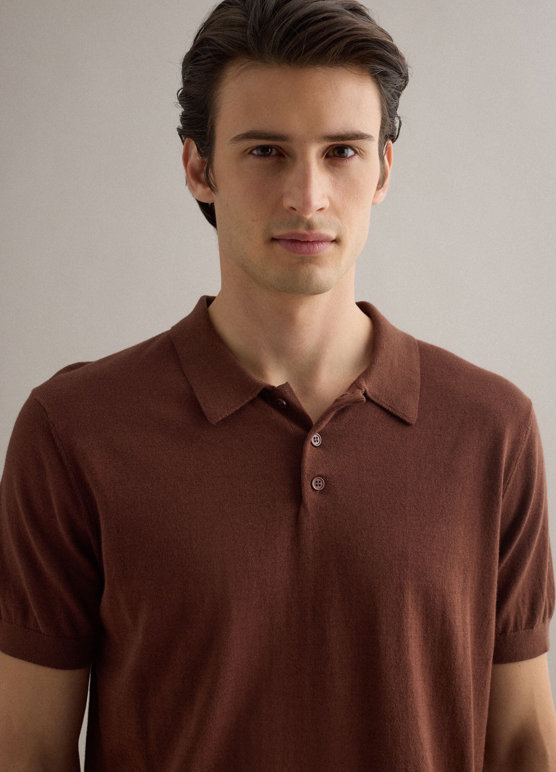 Brown regular fit polo in cotton, linen, and silk blend