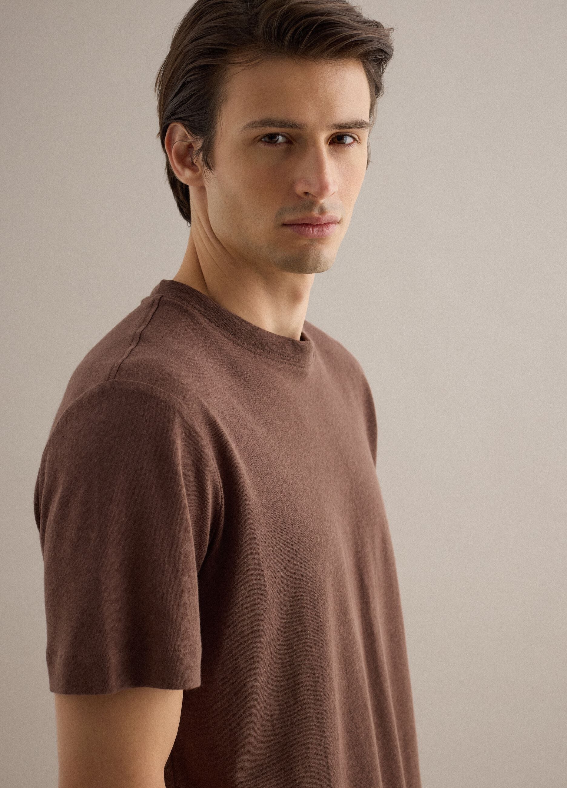 Brown regular fit linen-cotton blend t-shirt