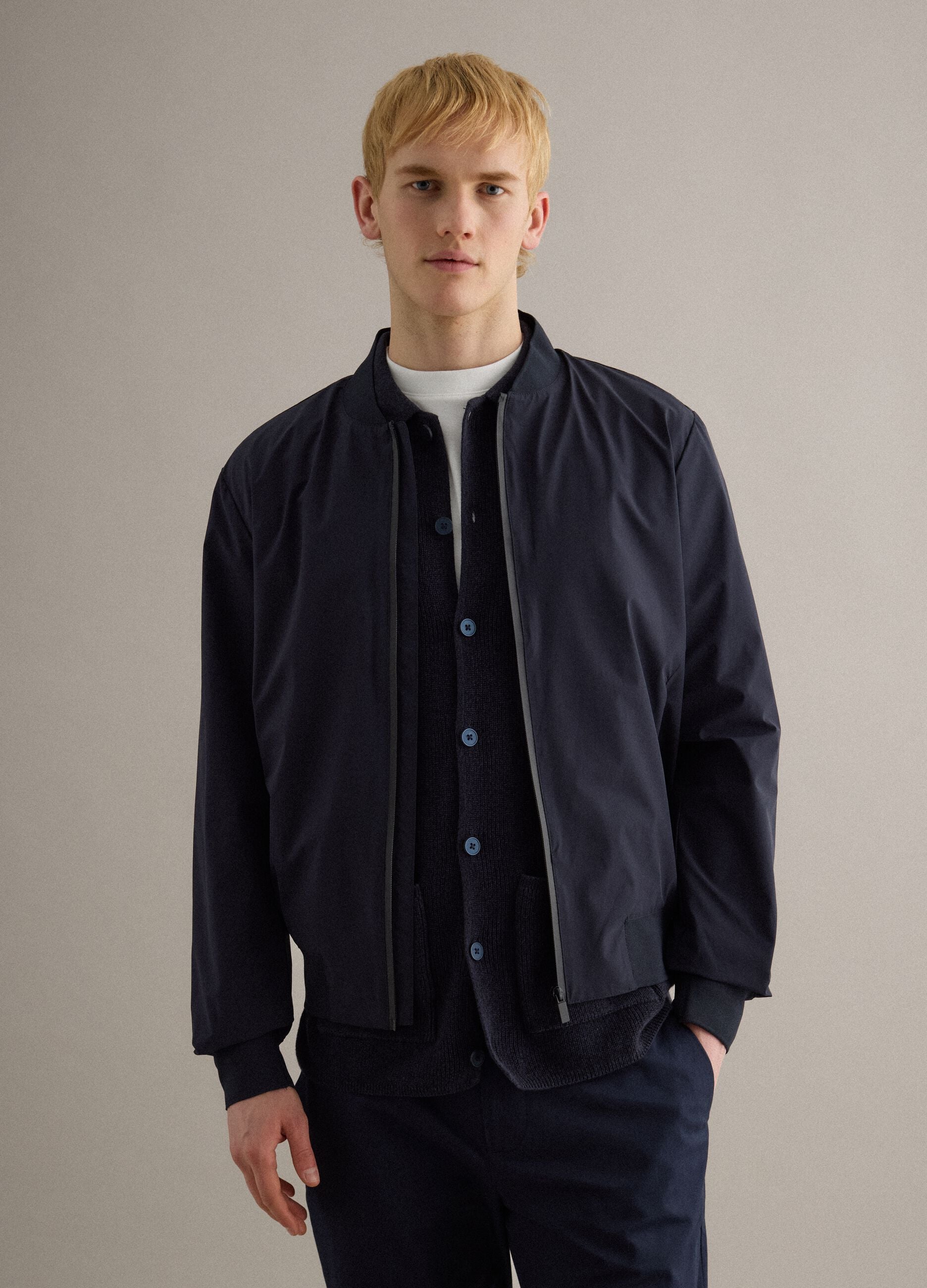 Blue regular fit bomber jacket with full zip