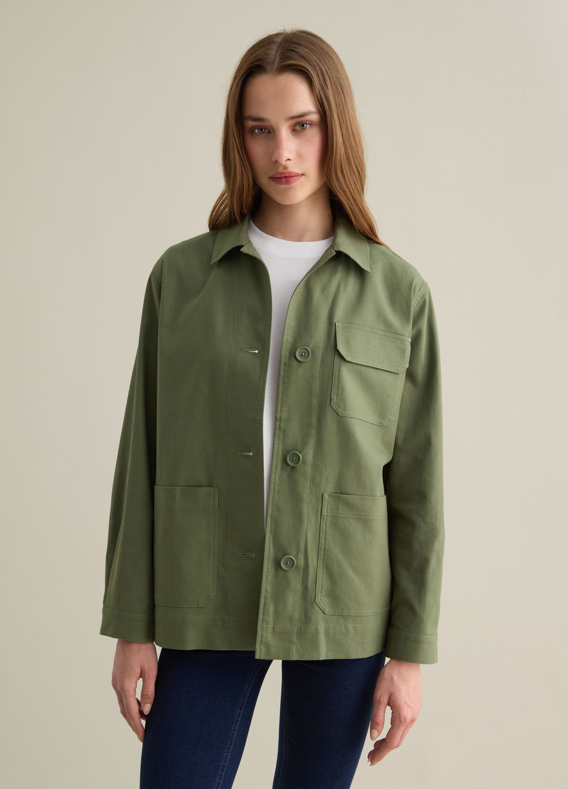 Women&rsquo;s green regular-fit jacket in cotton and linen blend
