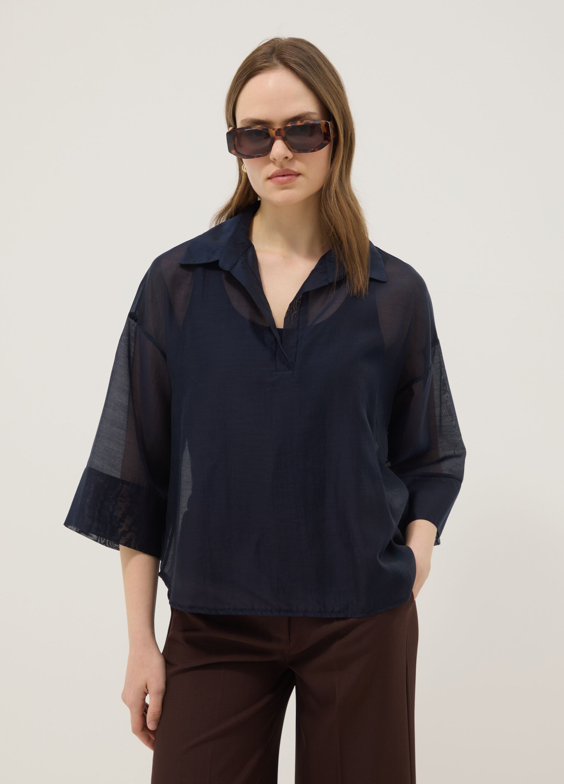 Blue long-sleeve viscose-blend blouse, regular fit
