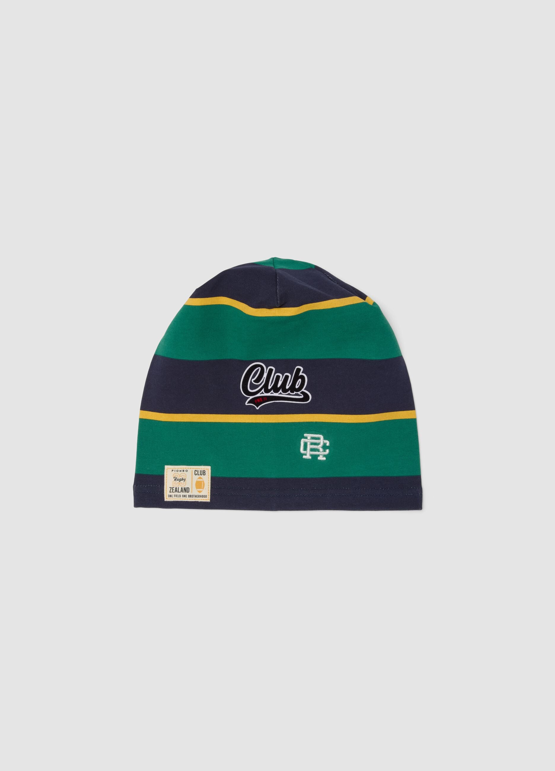 Multicolour striped stretch cotton hat with &lsquo;Club&rsquo; slogan