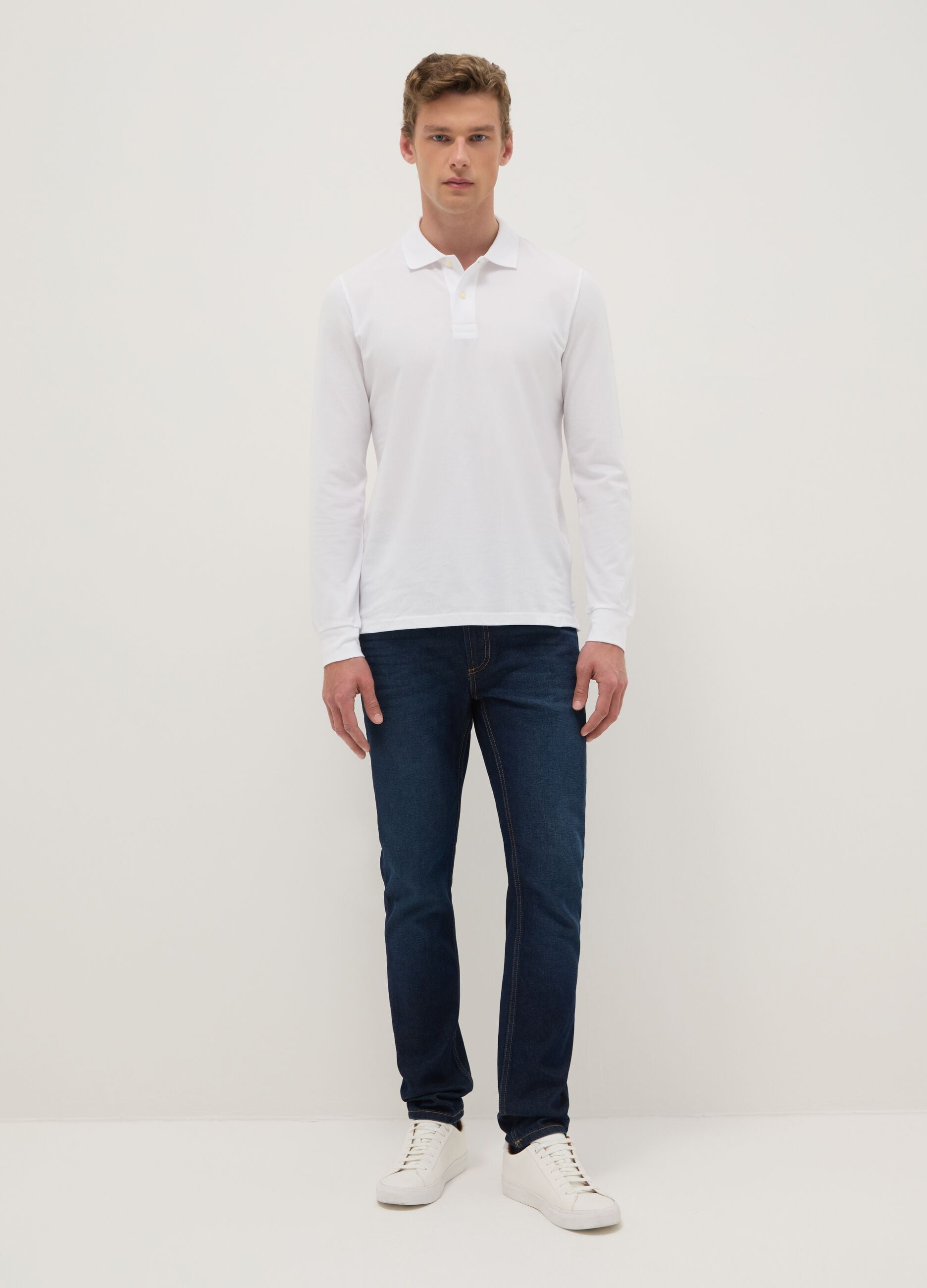 White long-sleeve cotton polo shirt, regular fit