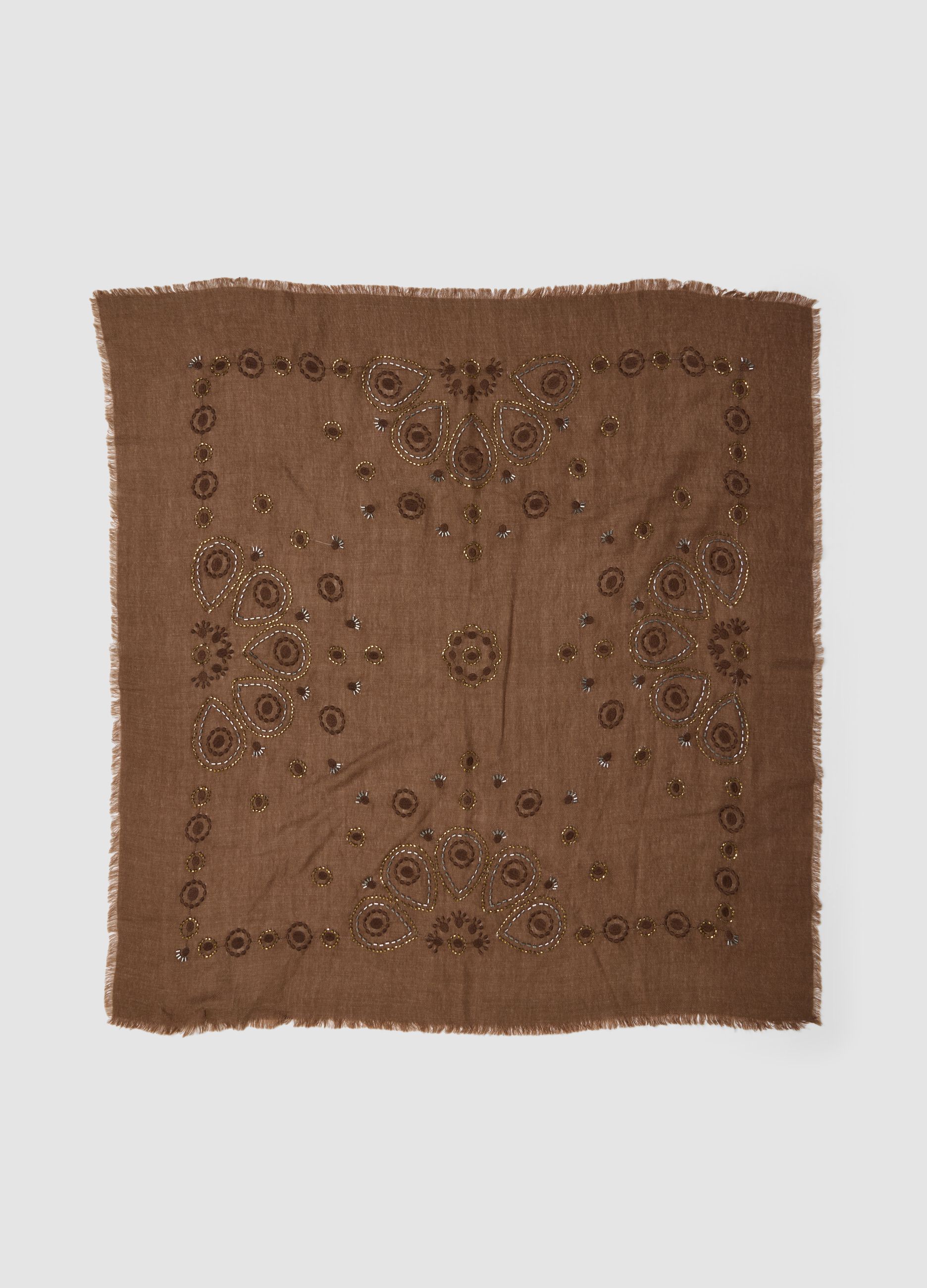 Brown wool-blend scarf with embroidery
