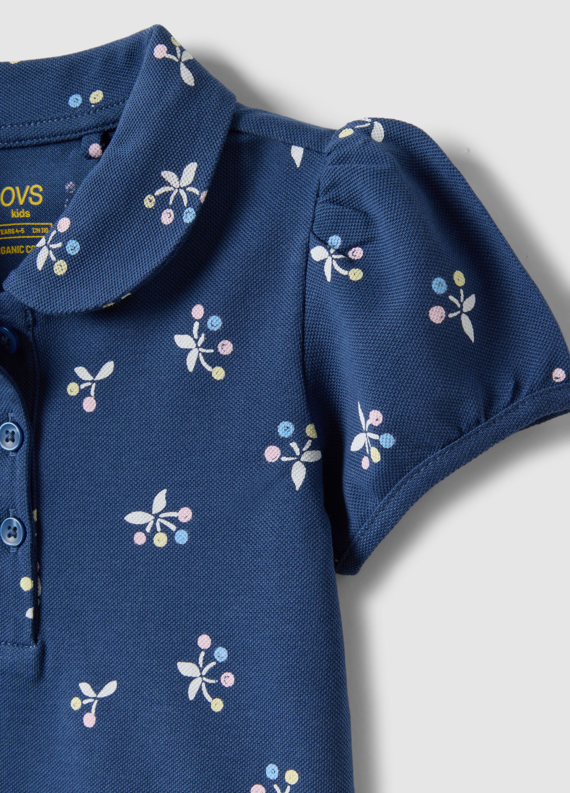 Girls' Regular Fit Blue Pure Cotton Polo with Floral Pattern