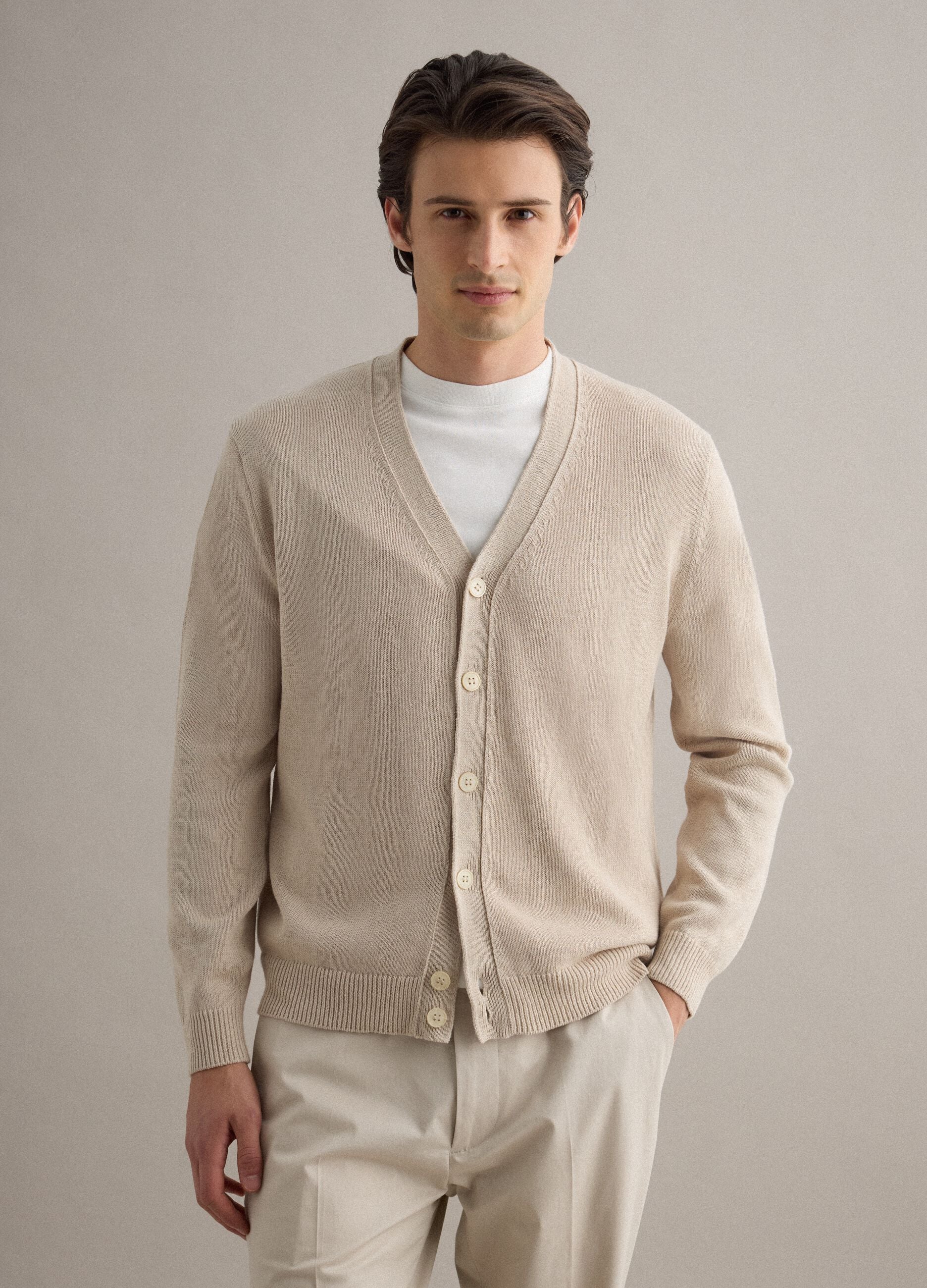 Beige deep V regular fit cotton and linen blend cardigan