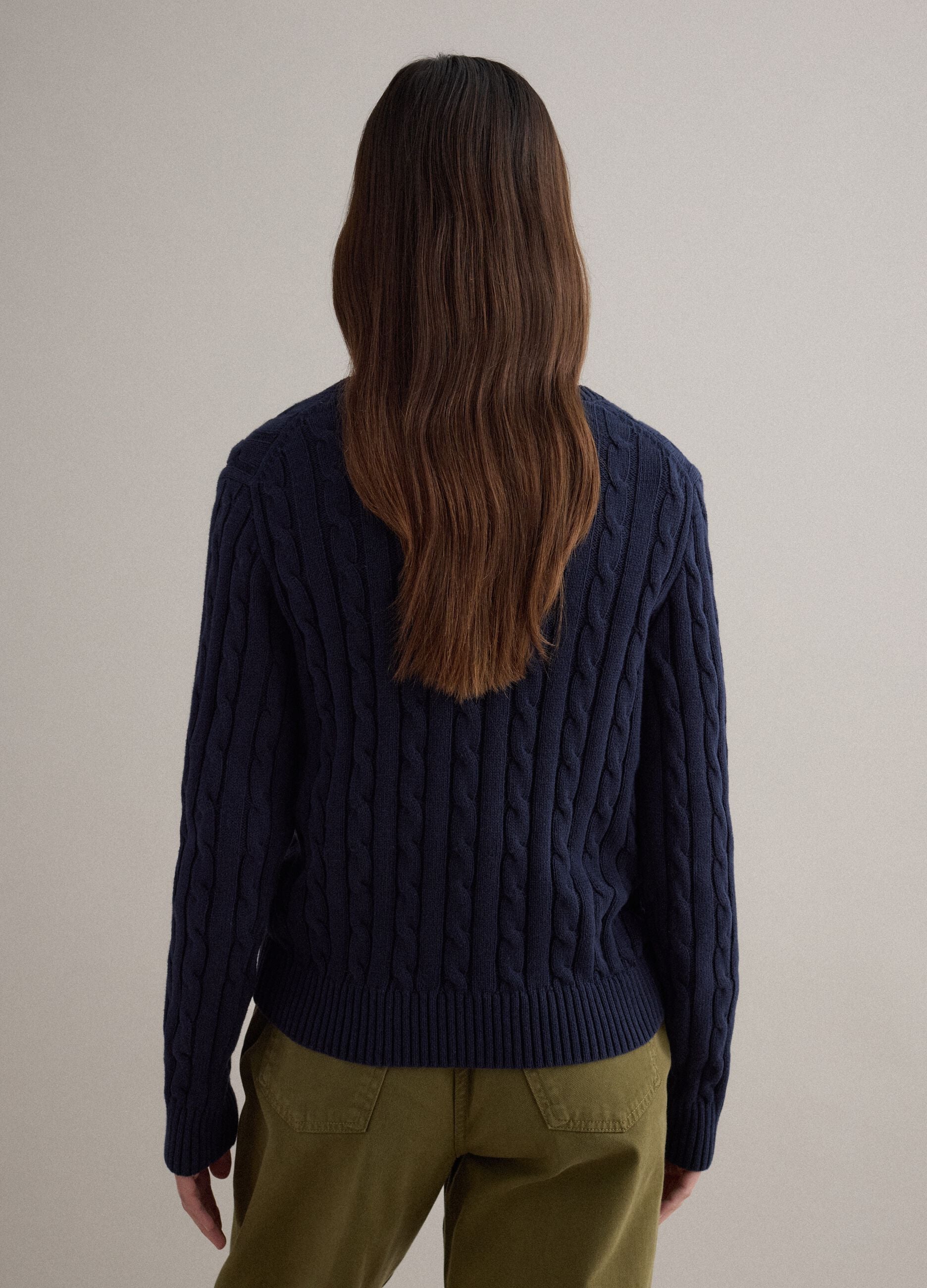 Blue pure cotton regular fit pullover with cable knit