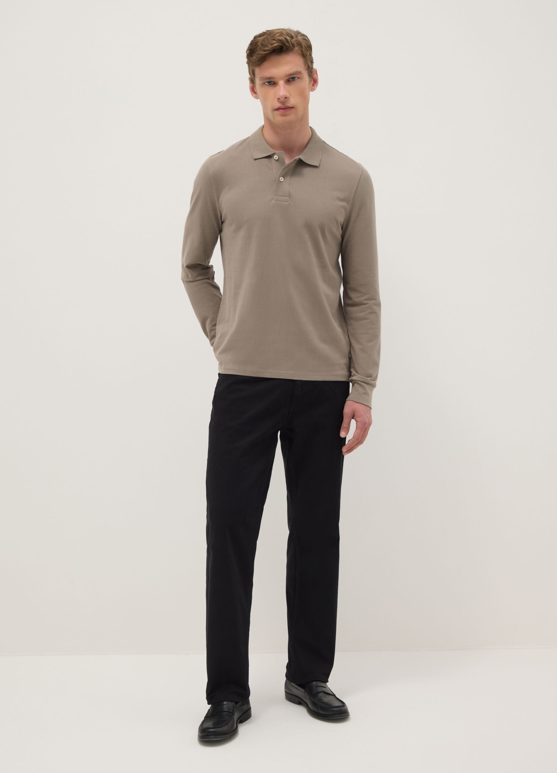 Beige Long Sleeve Polo in Pure Cotton Regular Fit