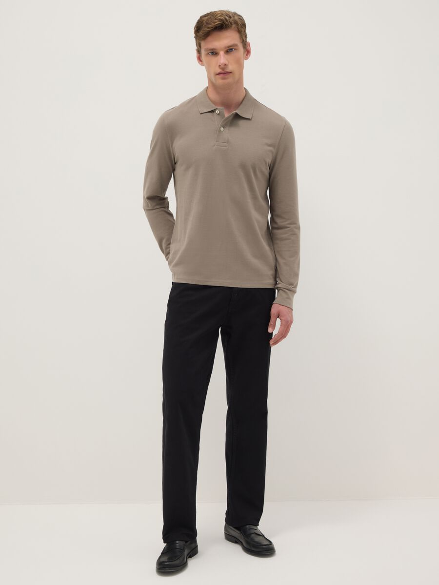 Beige Long Sleeve Polo in Pure Cotton Regular Fit_1
