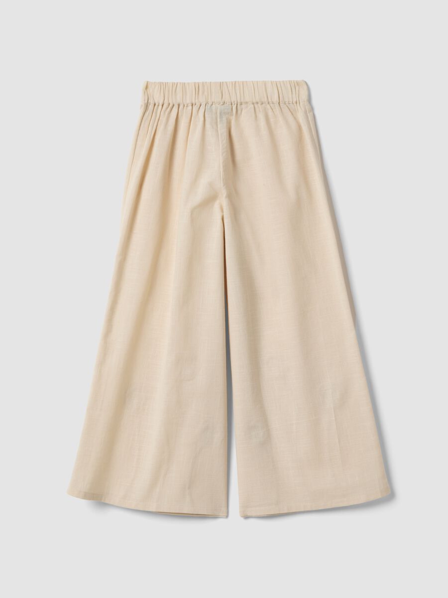 Girl's wide leg beige cotton trousers with floral embroidery_4