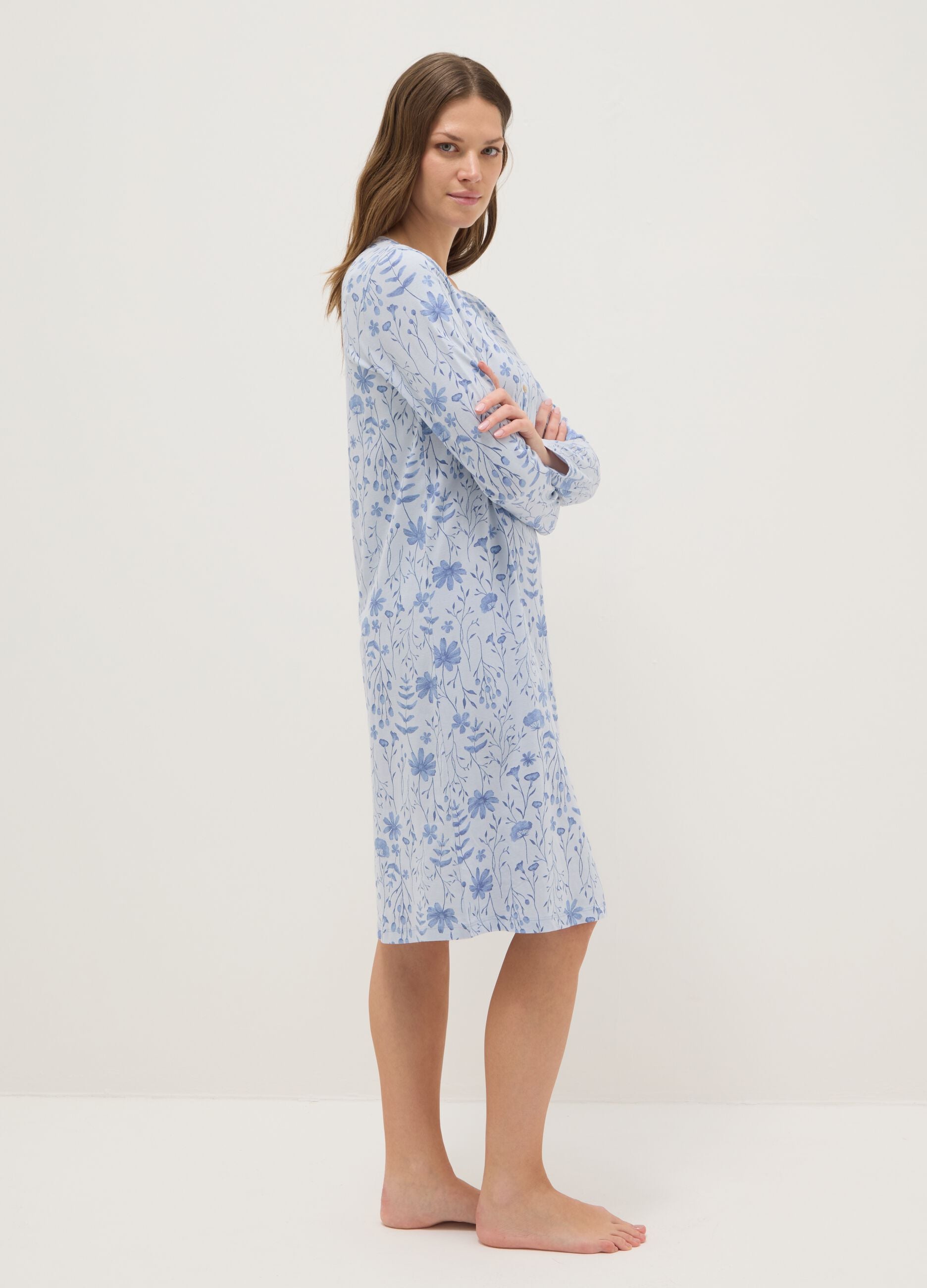 Blue pure cotton nightdress with serafino neckline