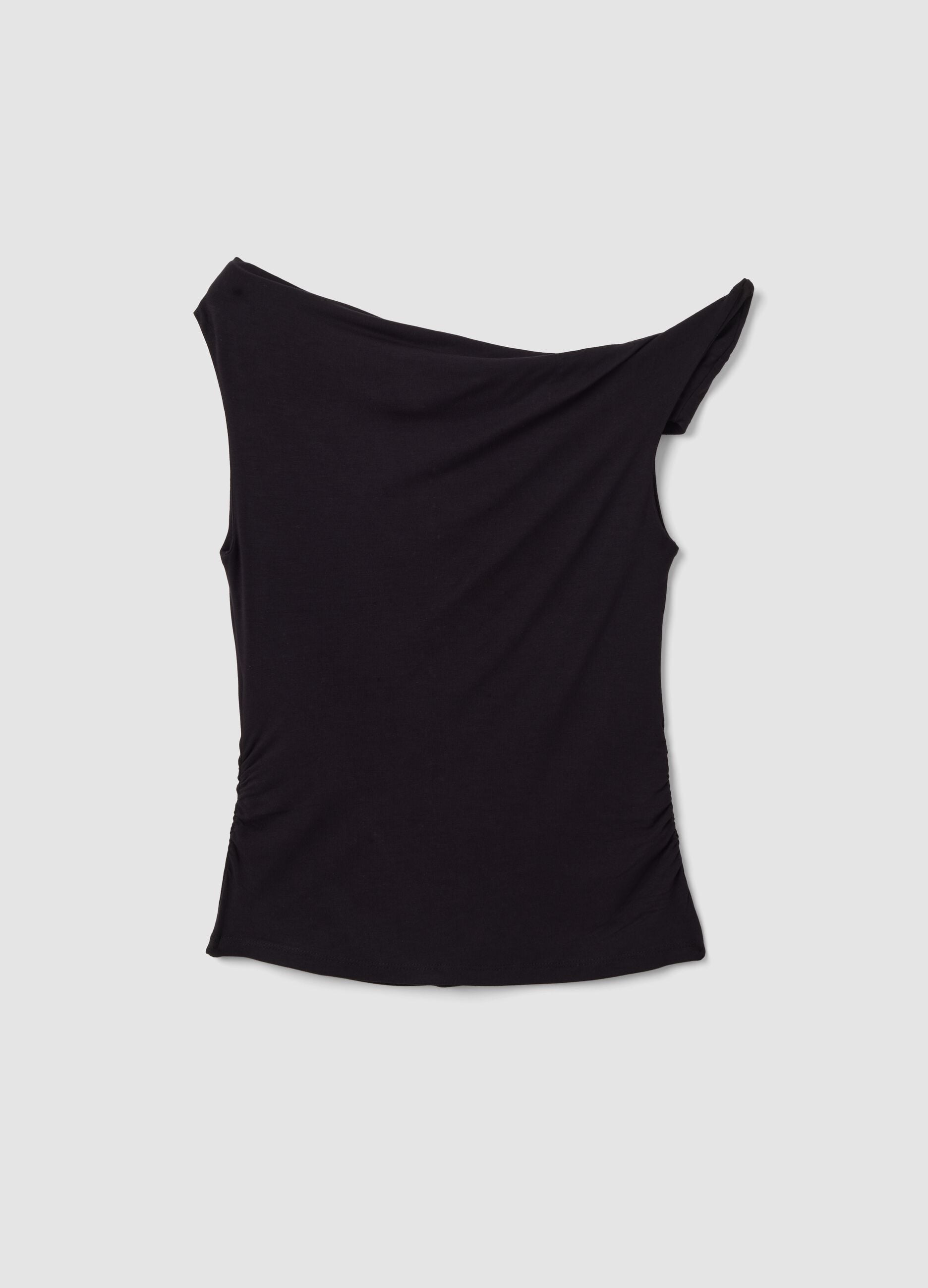 Black asymmetric one-shoulder stretch viscose slim-fit top