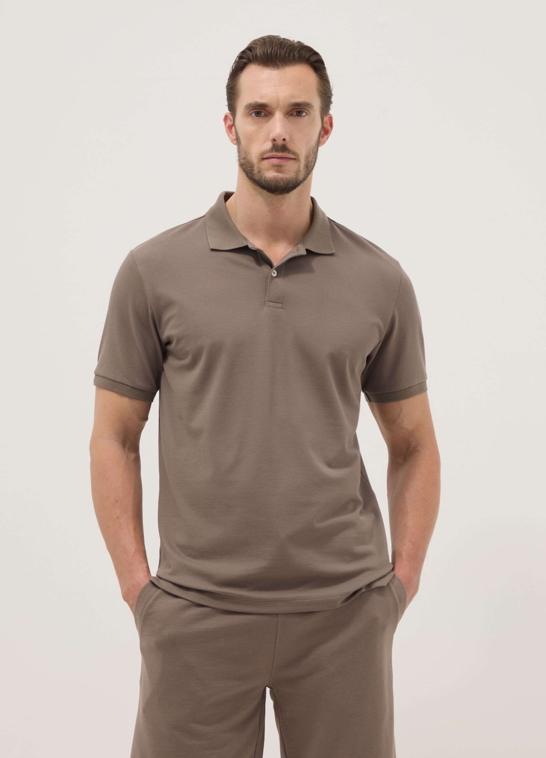Brown stretch cotton blend polo shirt regular fit