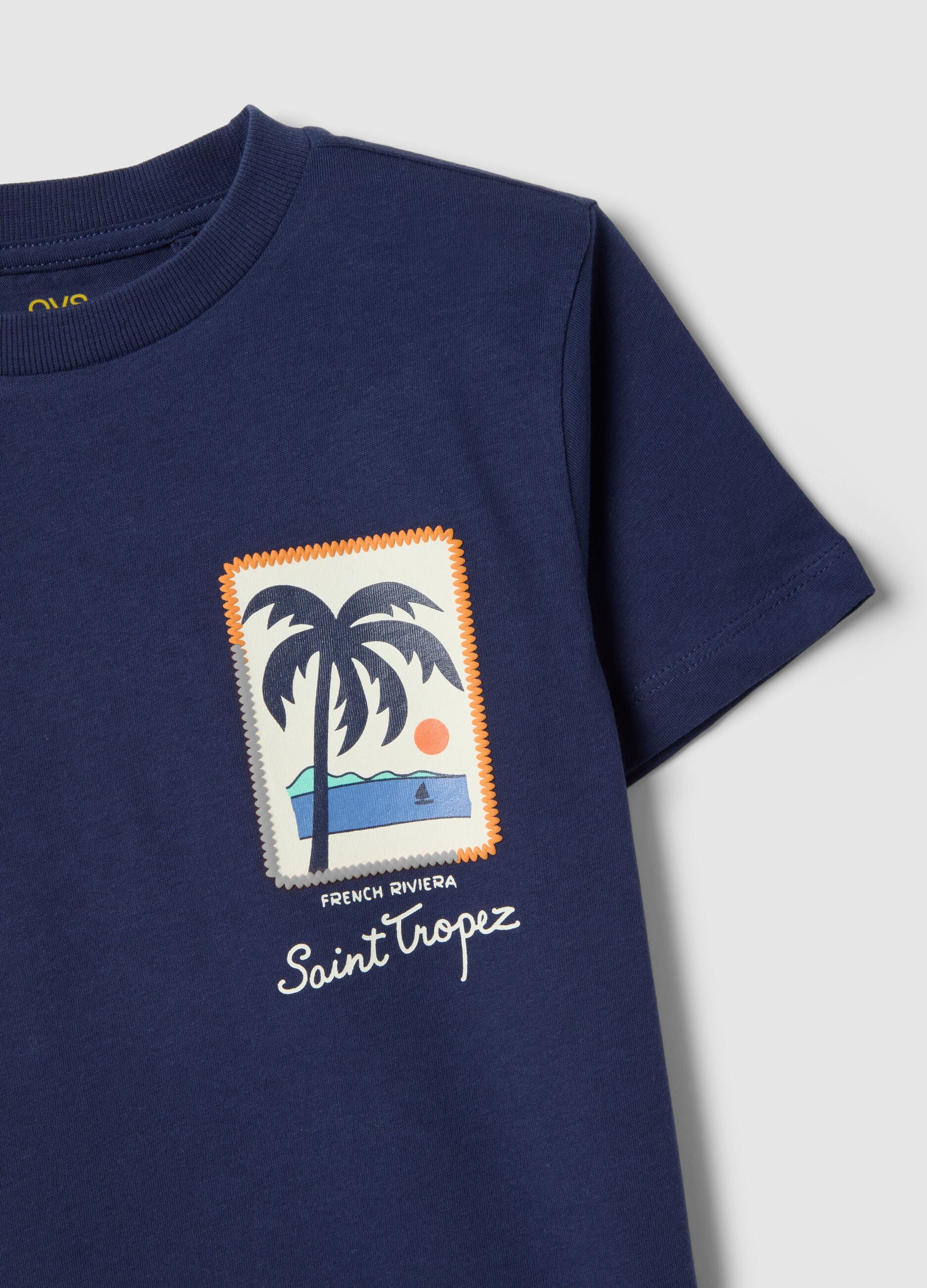 Boys' regular fit blue pure cotton T-shirt with palm print