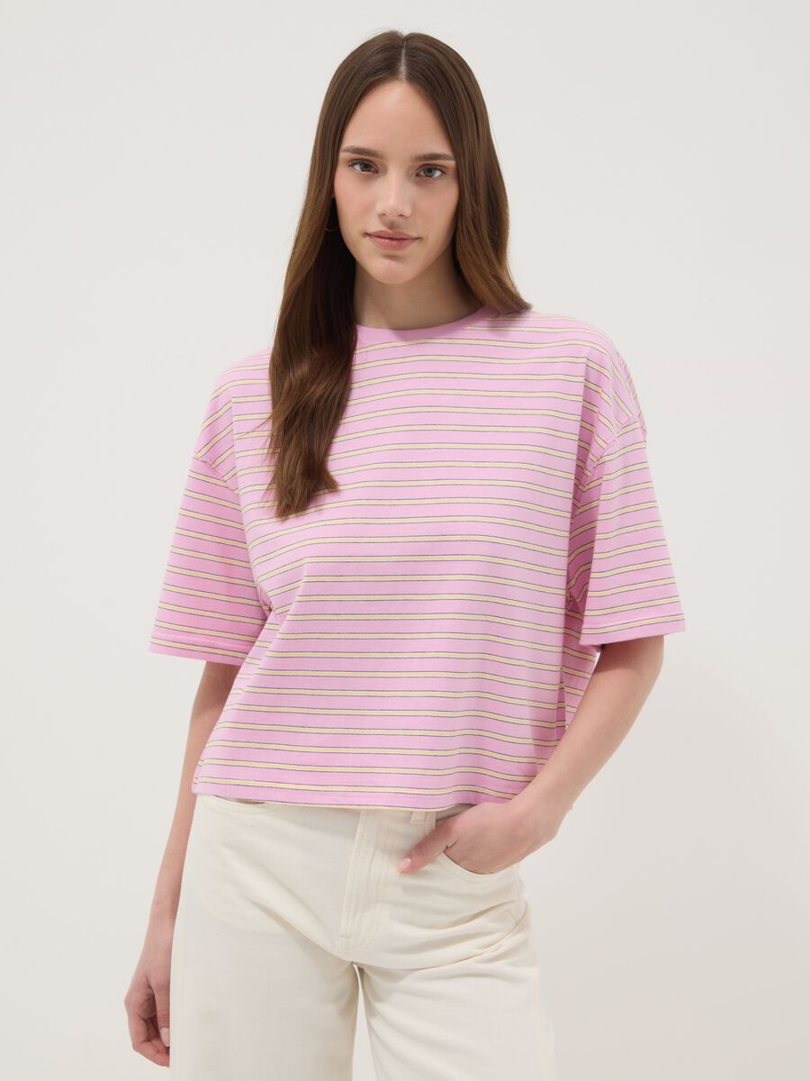 Pink pure cotton T-shirt with yellow stripes, boxy fit_1