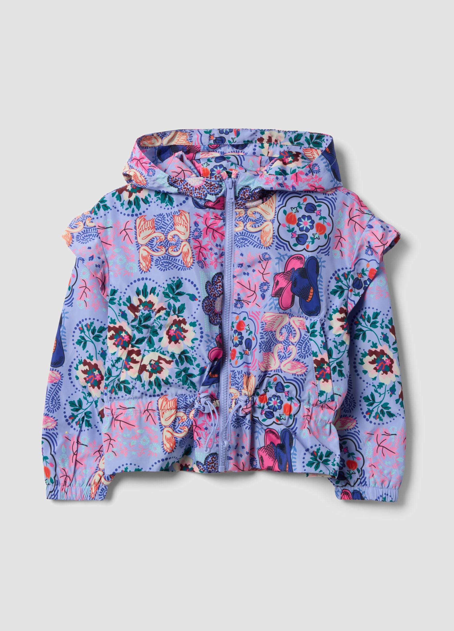 Girls&rsquo; multicolour hooded rain jacket with all-over print