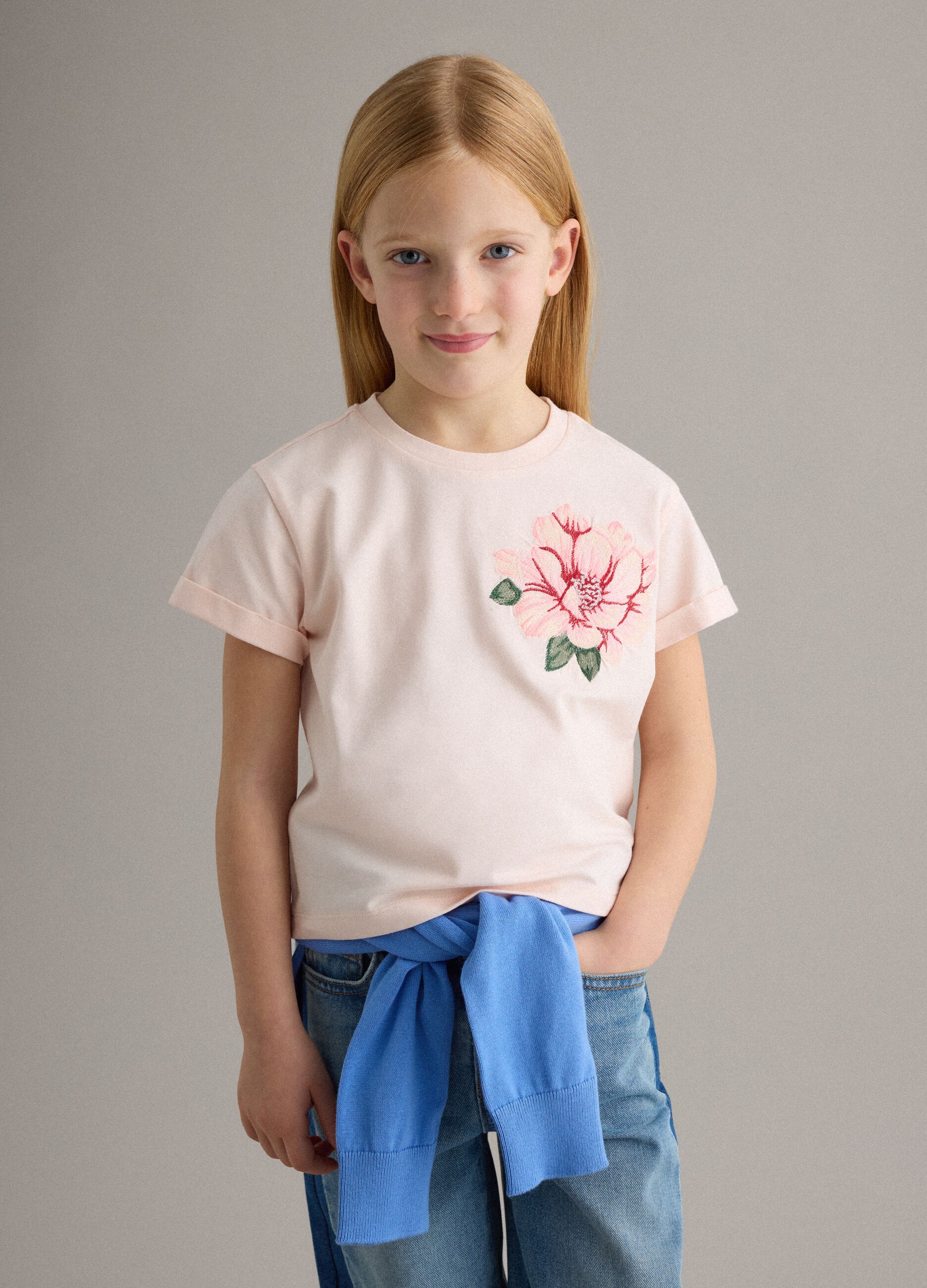 Girls' pink cotton blend T-shirt regular fit with floral embroidery