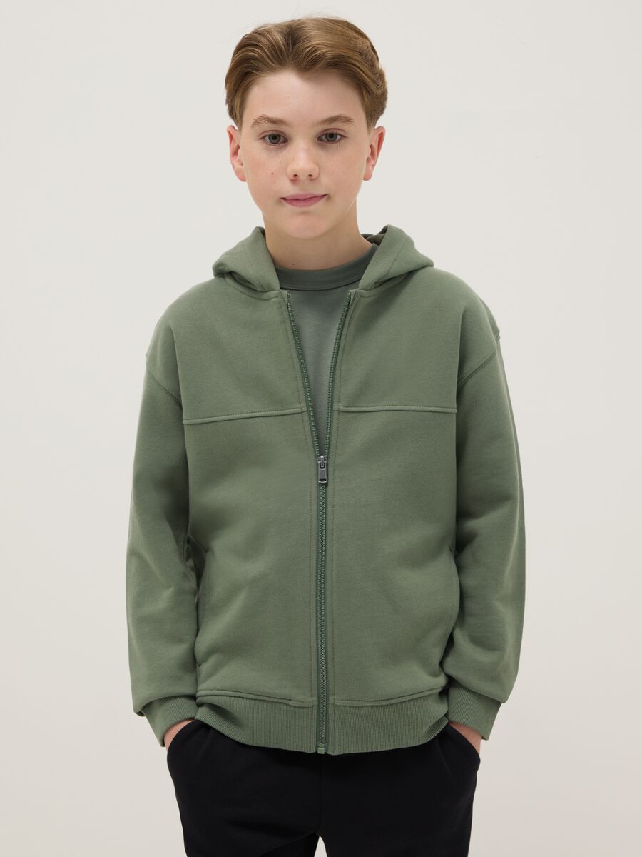Green cotton hoodie for boys with oversized fit and zip_0