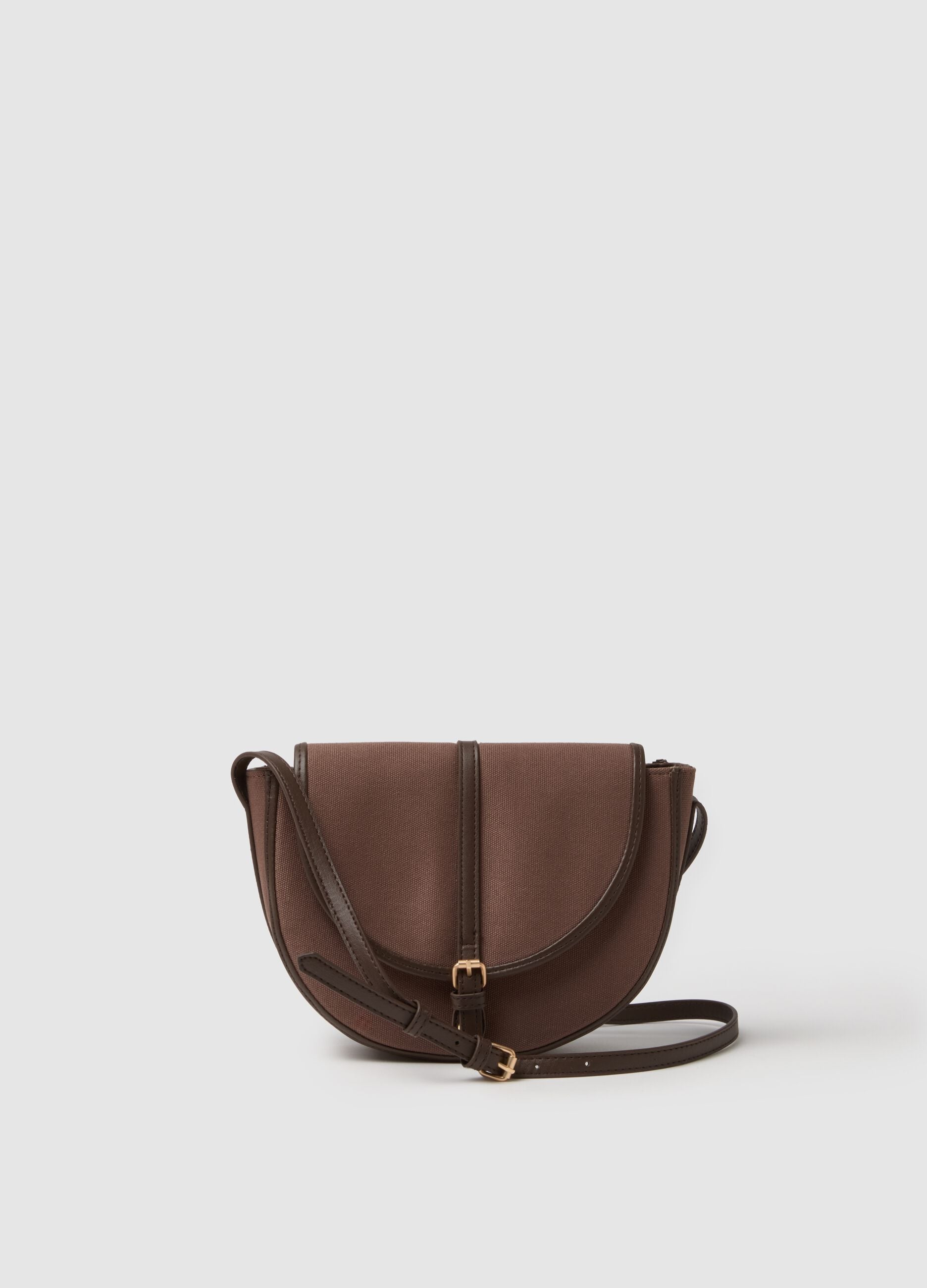 Brown shoulder bag with gold buckle and adjustable strap