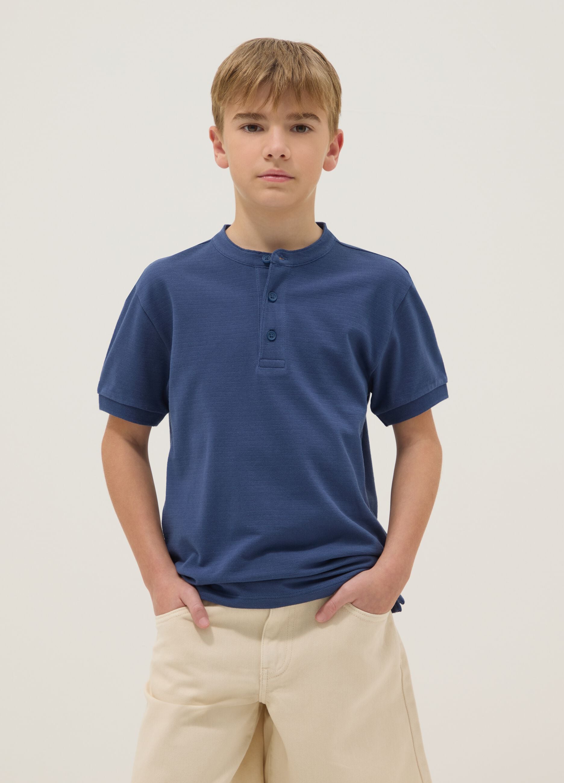 Boys' blue pure cotton regular-fit polo with Mandarin collar