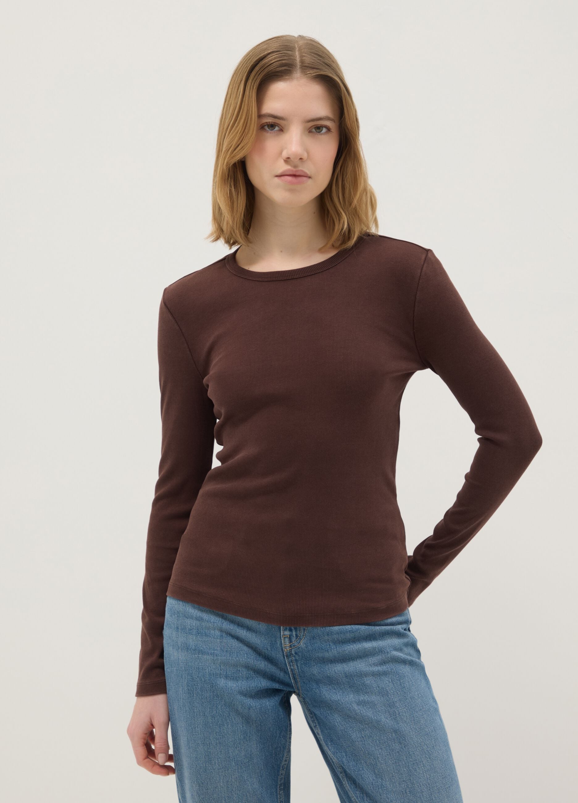 Brown stretchy cotton long sleeve regular fit shirt