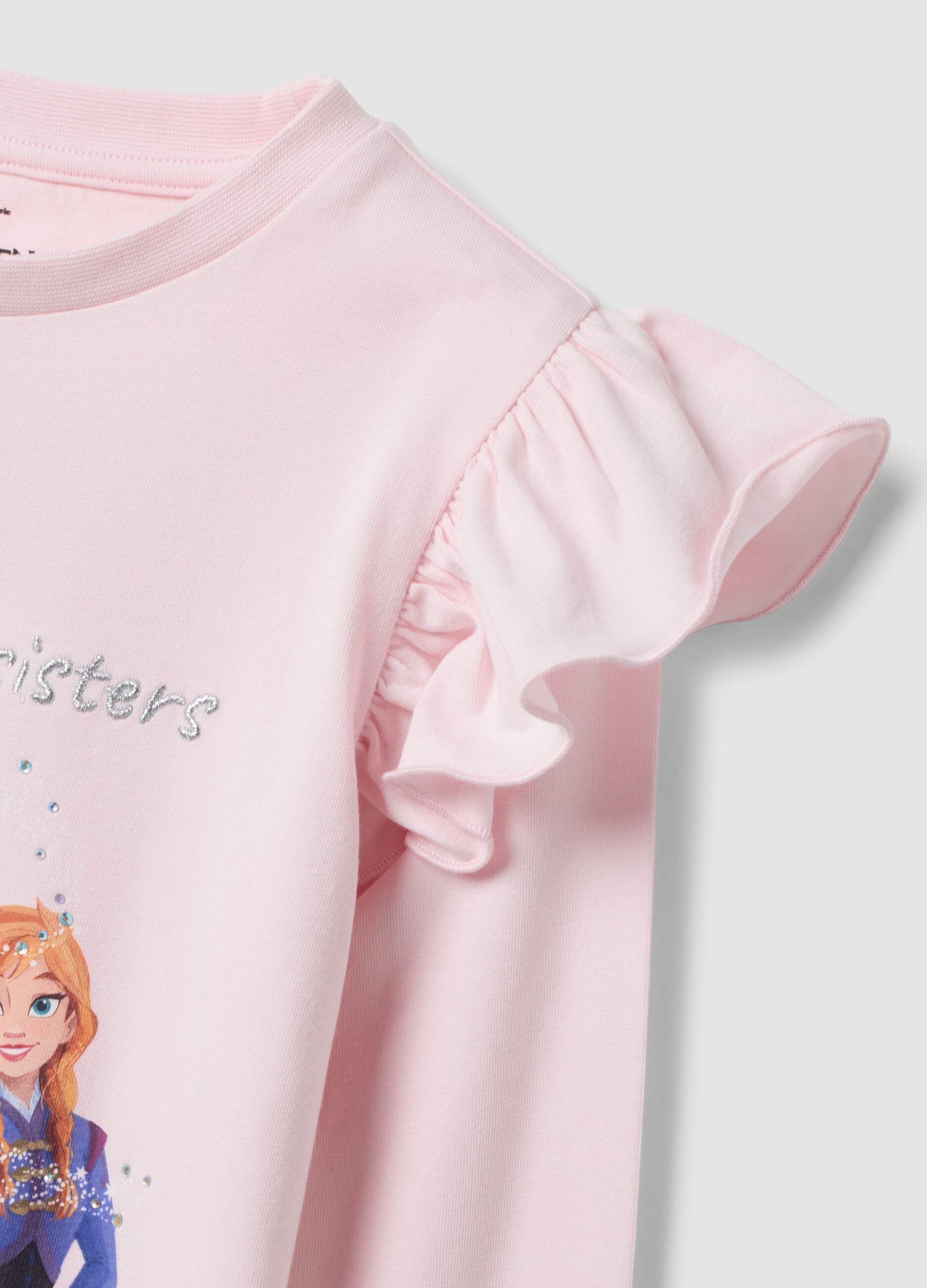 Girls&rsquo; pink stretch cotton T-shirt with ruffles and Frozen print