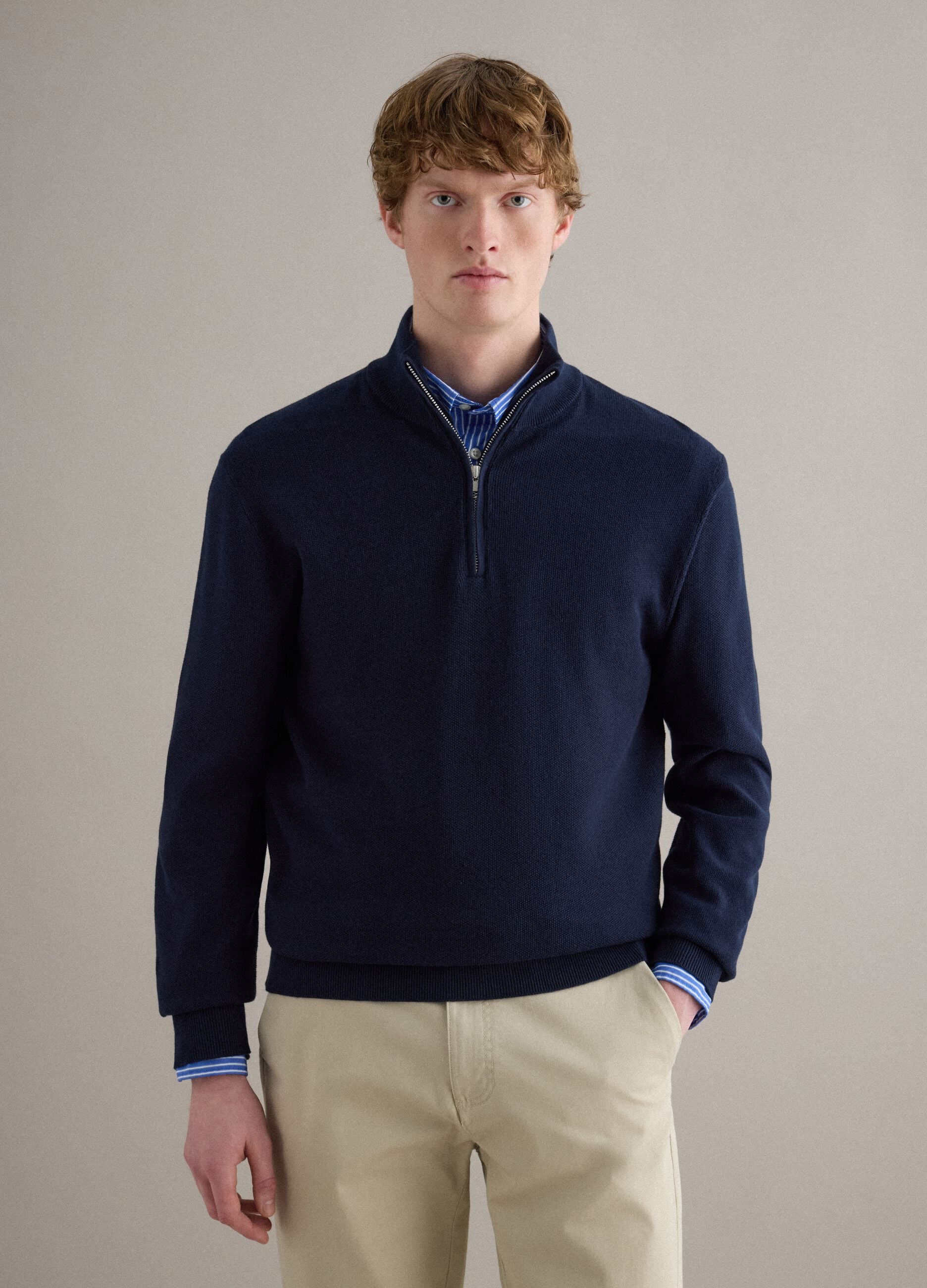 Pure cotton blue regular fit sweater with high neck and zip