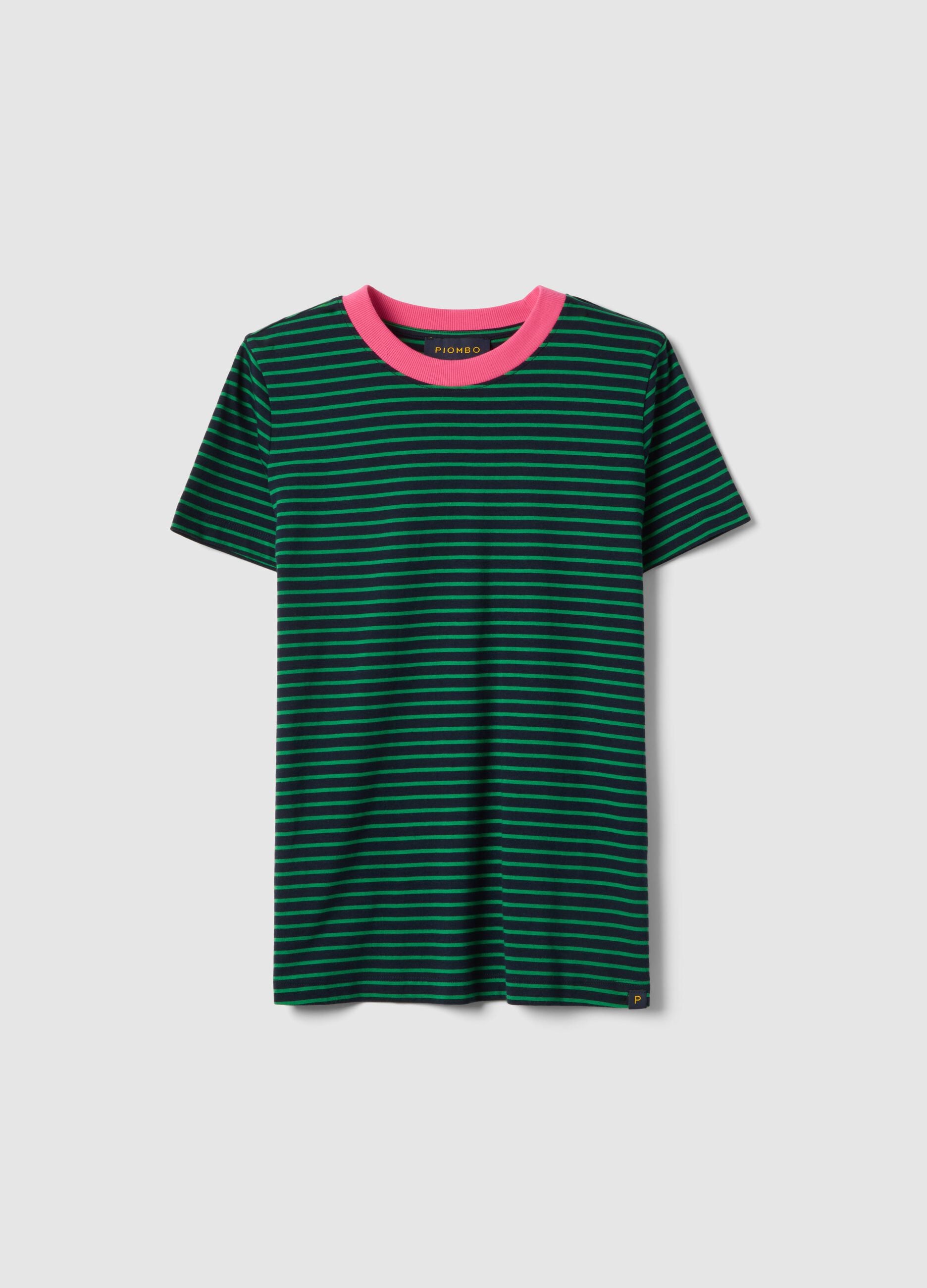 Green striped pure cotton regular fit T-shirt