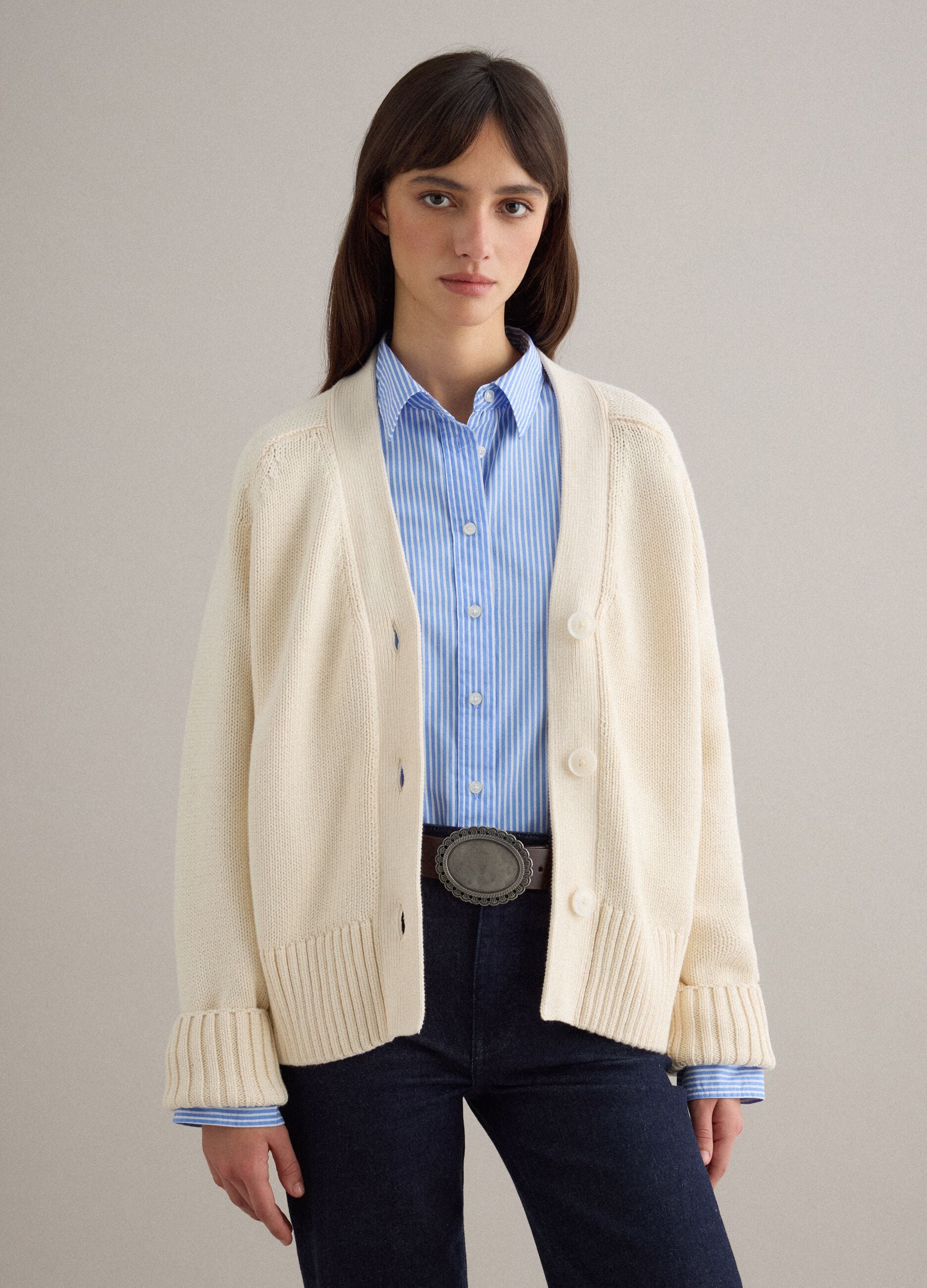 Beige cardigan in pure cotton oversized fit with deep V-neck