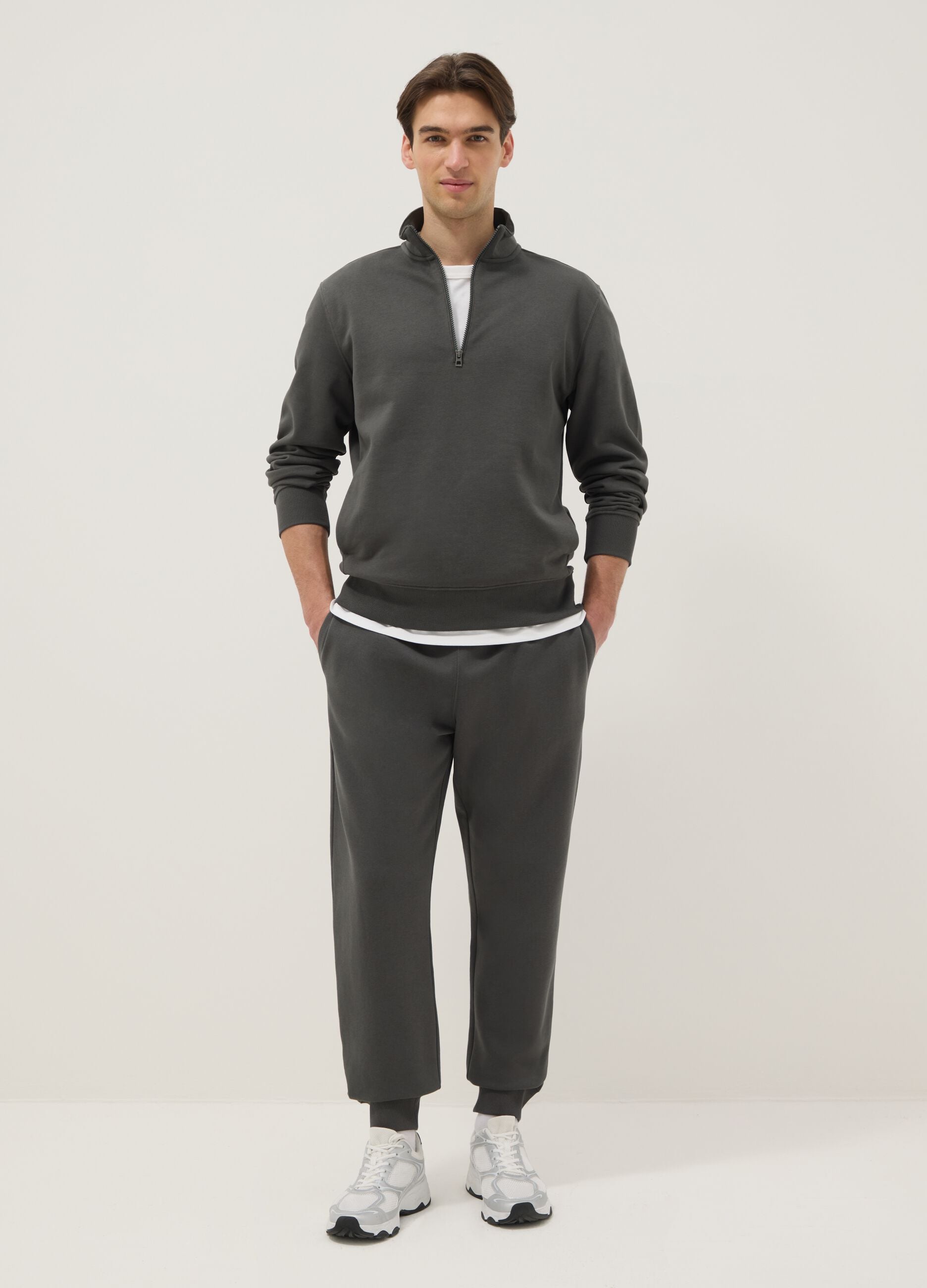 Grey regular fit cotton-blend sweatshirt with half zip