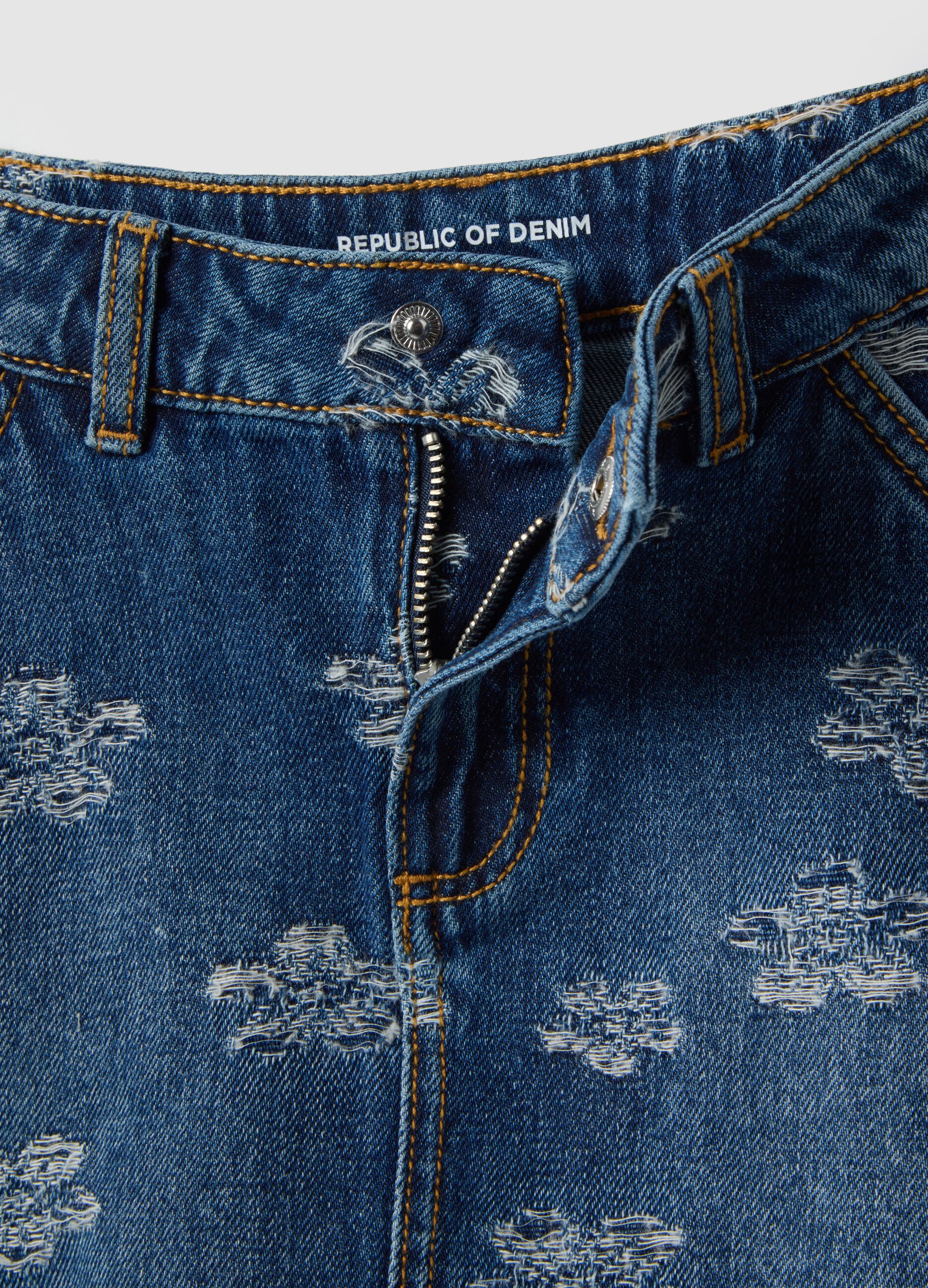 Blue denim pure cotton skirt with floral prints for girls, regular fit