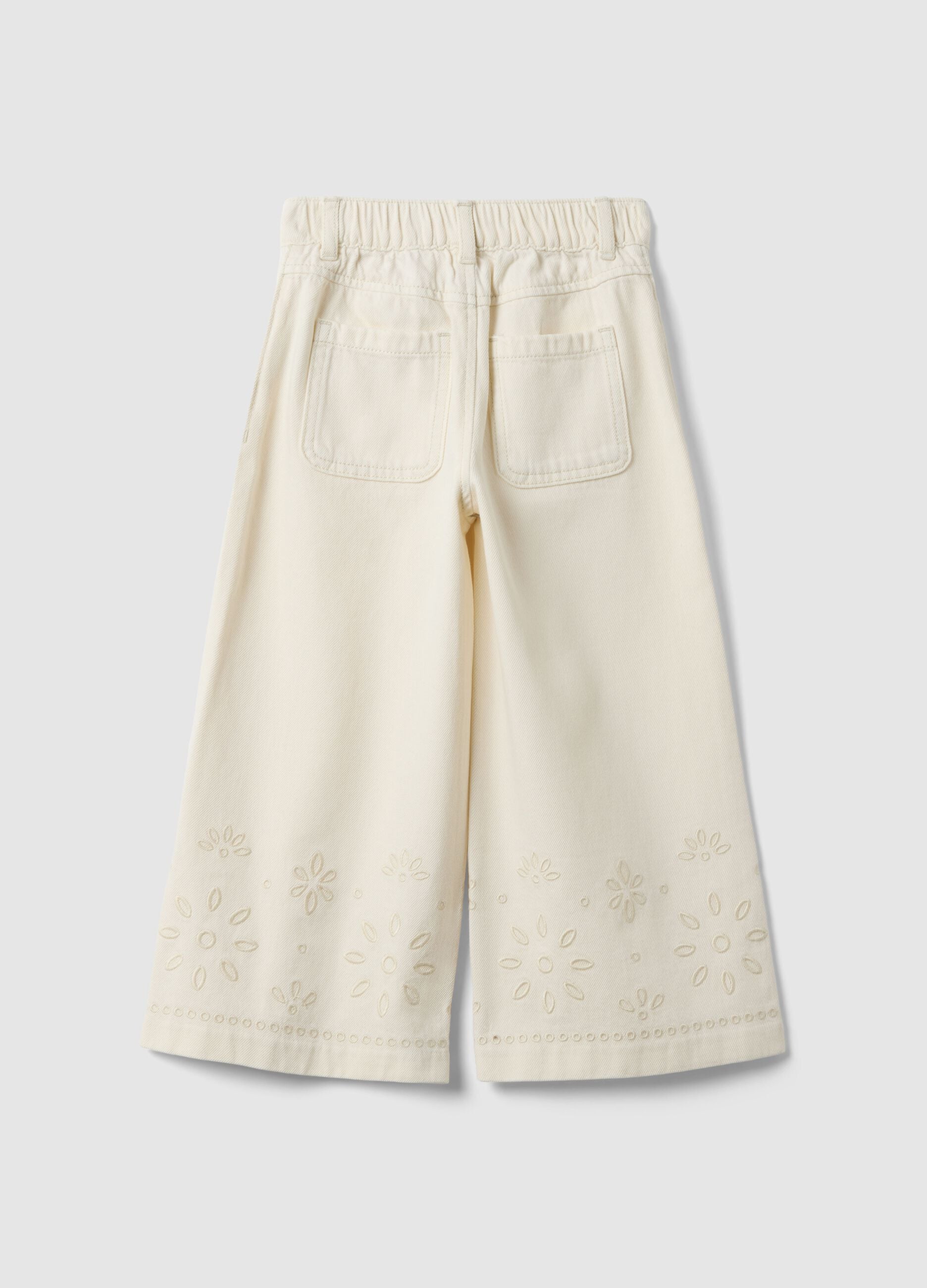 Girls' white cotton culotte trousers with embroidery