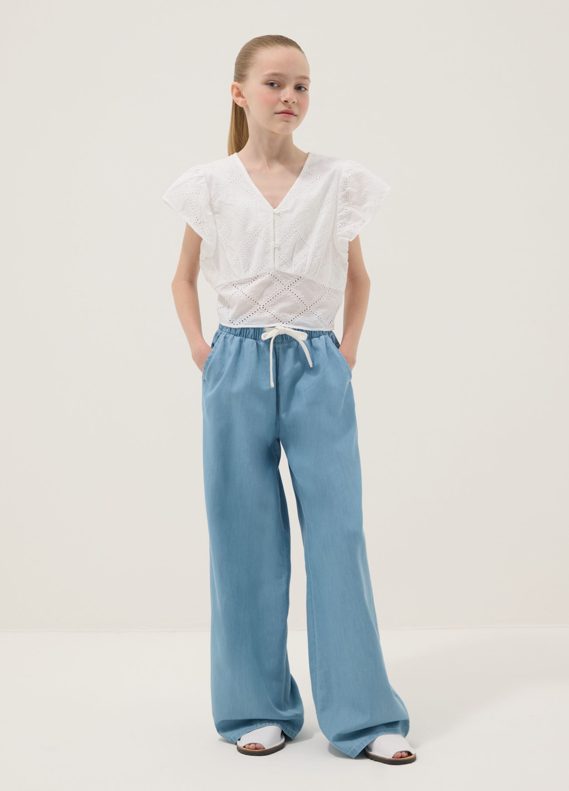 Girls&rsquo; light blue pure cotton wide-leg denim trousers