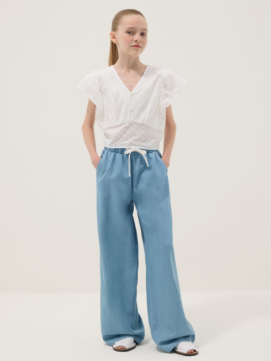 Girls&rsquo; light blue pure cotton wide-leg denim trousers_0