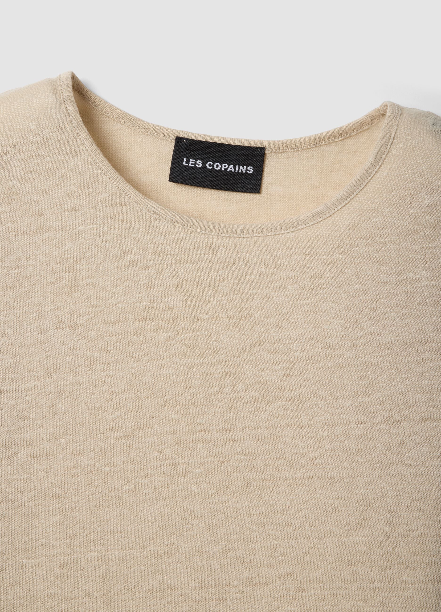 Beige short-sleeve pure linen T-shirt, regular fit