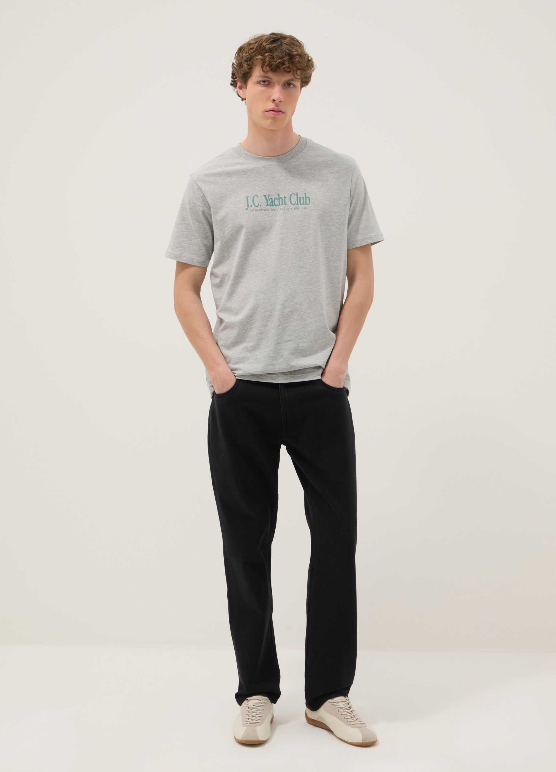 Grey cotton and viscose blend printed T-shirt