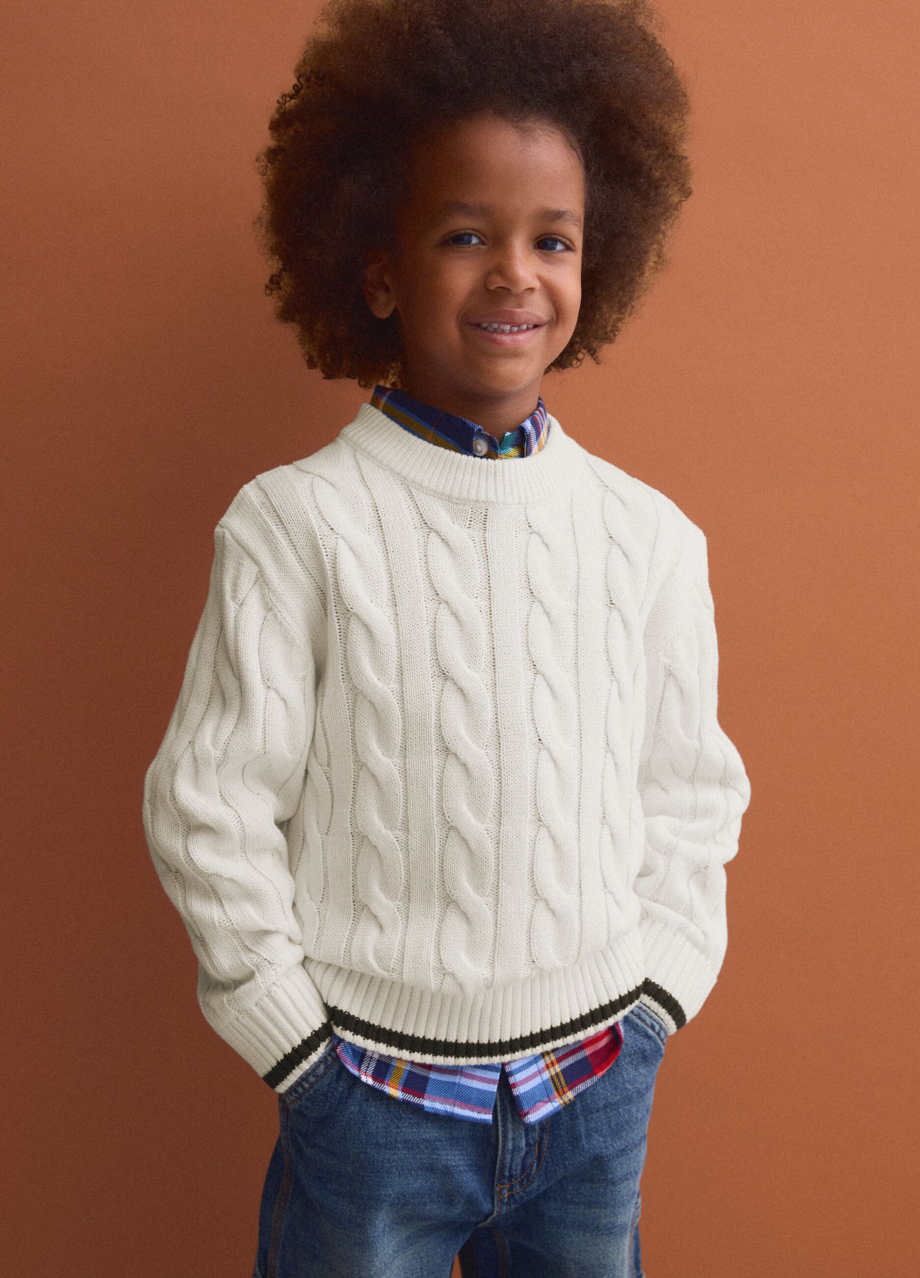 White pure cotton cable-knit oversized jumper for boys