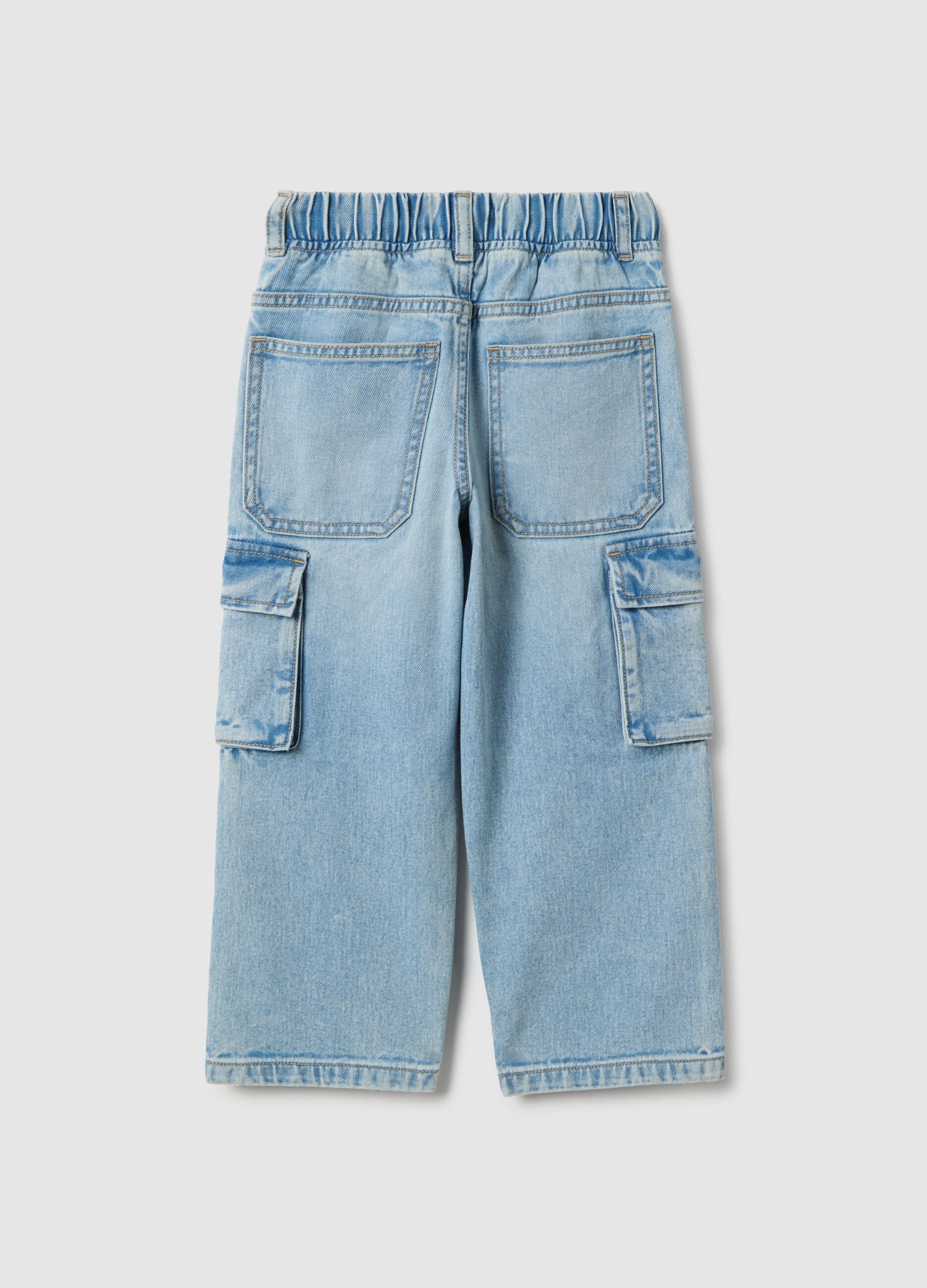 Blue pure cotton regular fit cargo pocket trousers for boys