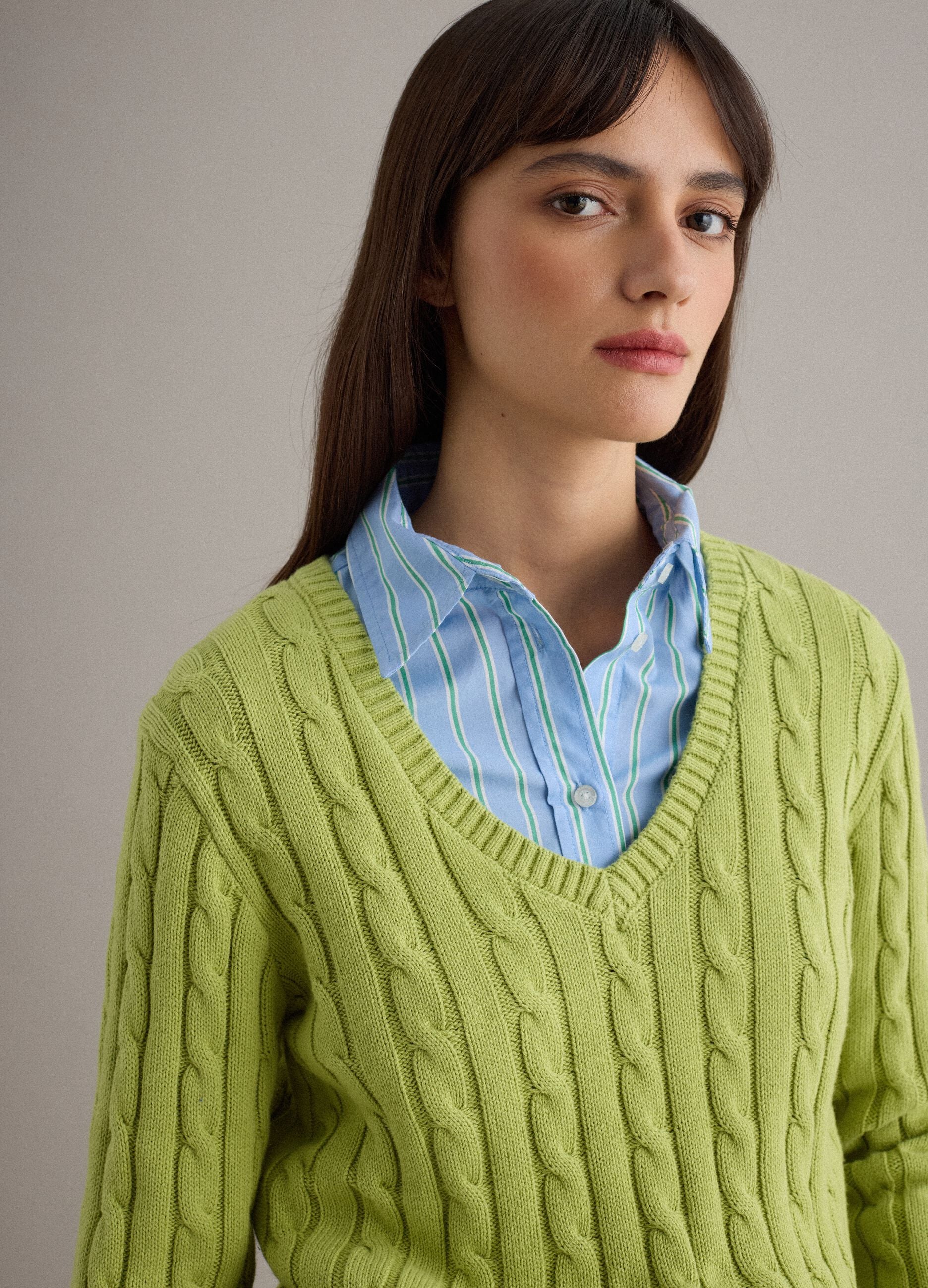 Green pure cotton regular fit cable knit jumper