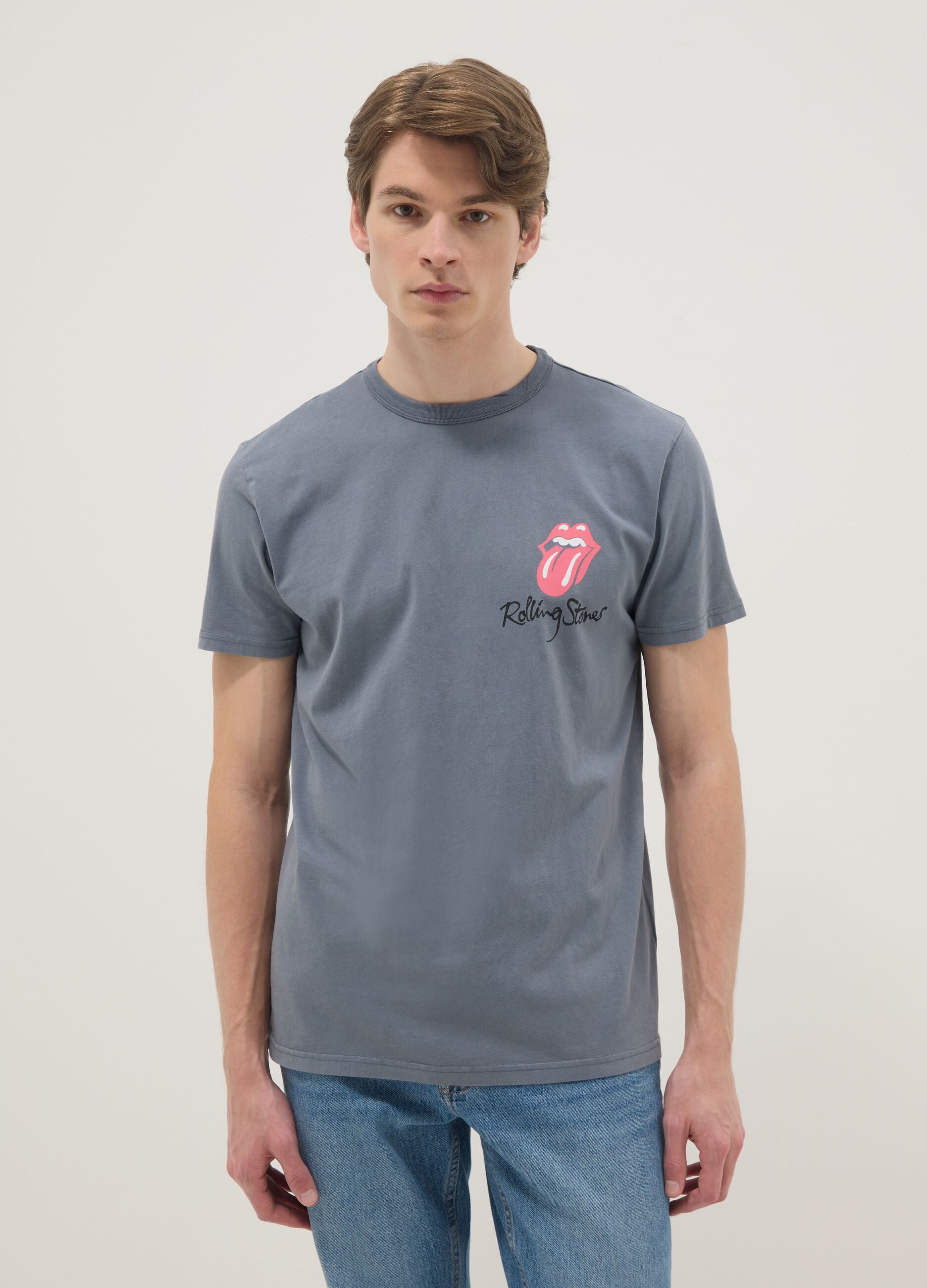 Grey regular fit pure cotton T-shirt with Rolling Stones print