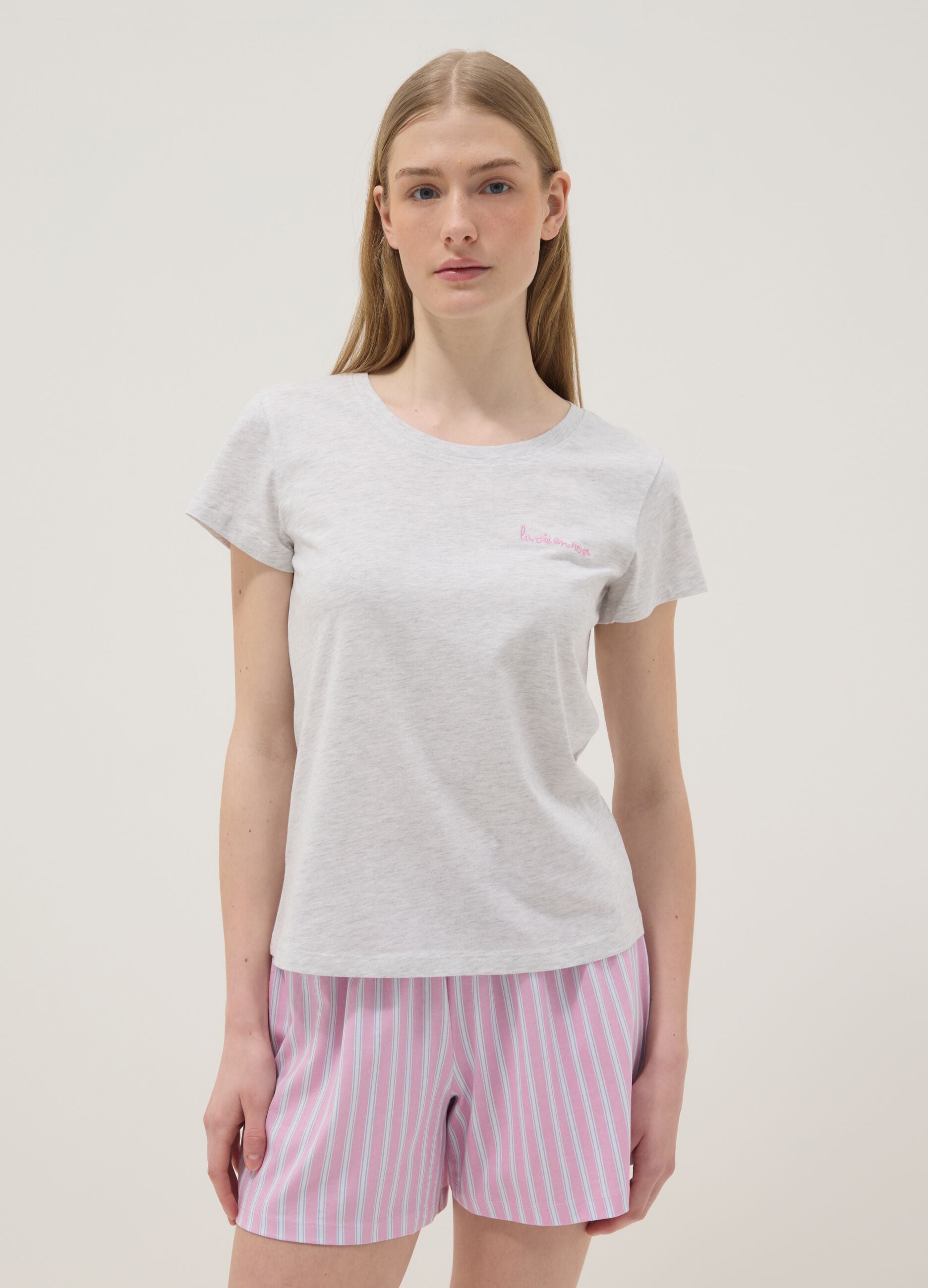 Short striped multicoloured stretch cotton pyjamas, regular fit